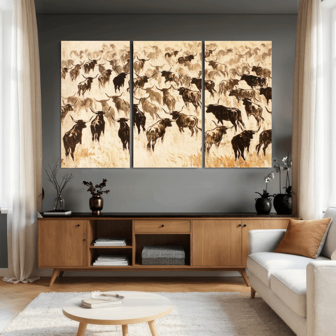 39077774-MGV-CV-36X24 - Texas Longhorn Sepia Canvas Wall Art, Western Cattle Stampede Painting Print, Warm Amber Ranch Decor, Rustic Cowboy Home Art, Large Living Room Decor
