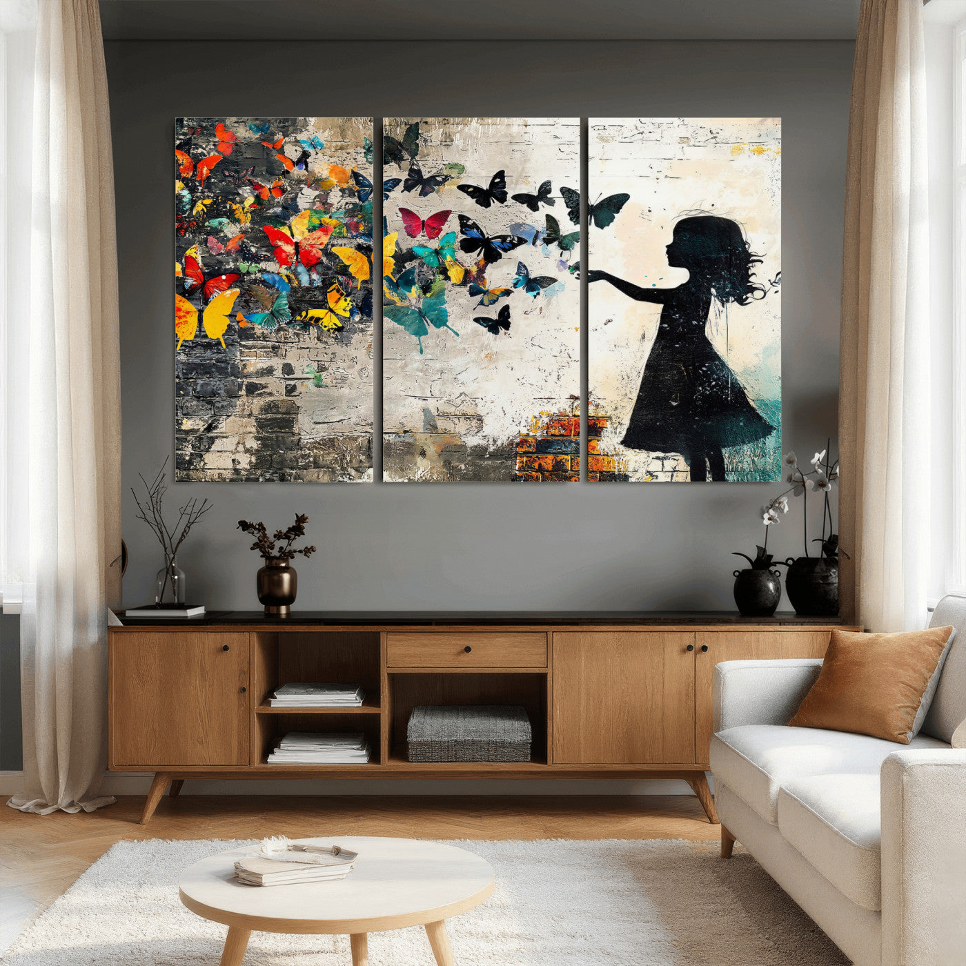 33909022-MGV-CV-36X24 - Banksy Butterfly Girl Wall Art Canvas Print, Framed Street Art Silhouette Graffiti Artwork, Colorful Butterfly Wall Decor for Living Room Bedroom Office