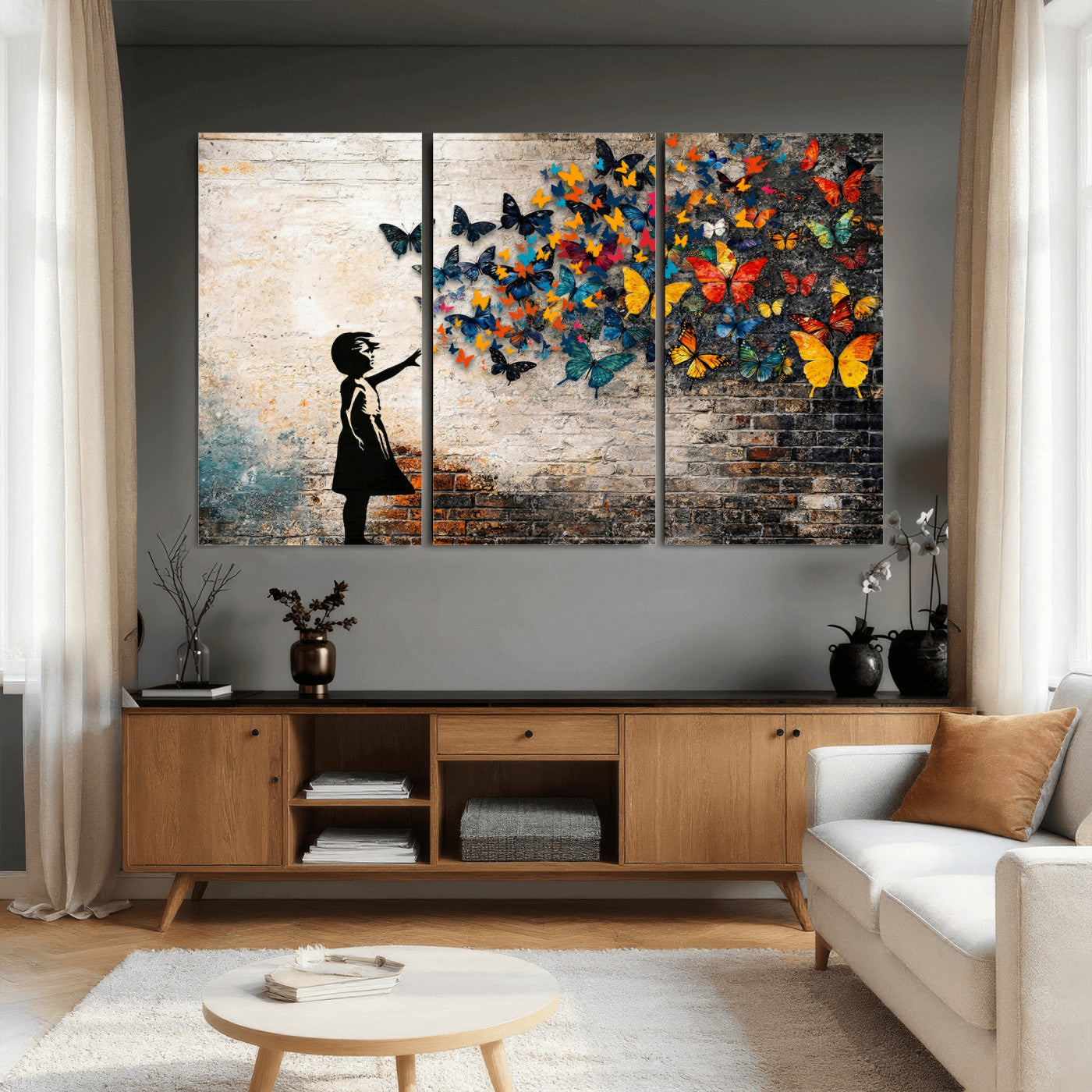 78760384-MGV-CV-36X24 - Banksy Graffiti Butterfly Girl Wall Art Canvas Print, Framed Street Art Canvas Print, Silhouette Butterfly Wall Art for Living Room Bedroom Office