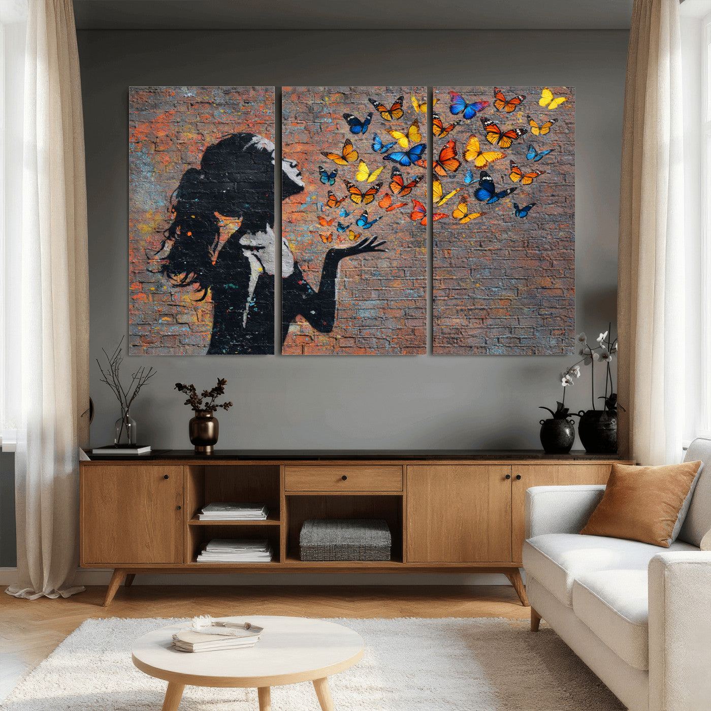 10555939-MGV-CV-36X24 - Urban Banksy Butterfly Girl Wall Art Canvas Print, Framed Street Art Canvas Print, Graffiti Silhouette Butterfly Wall Art for Living Room Bedroom Office