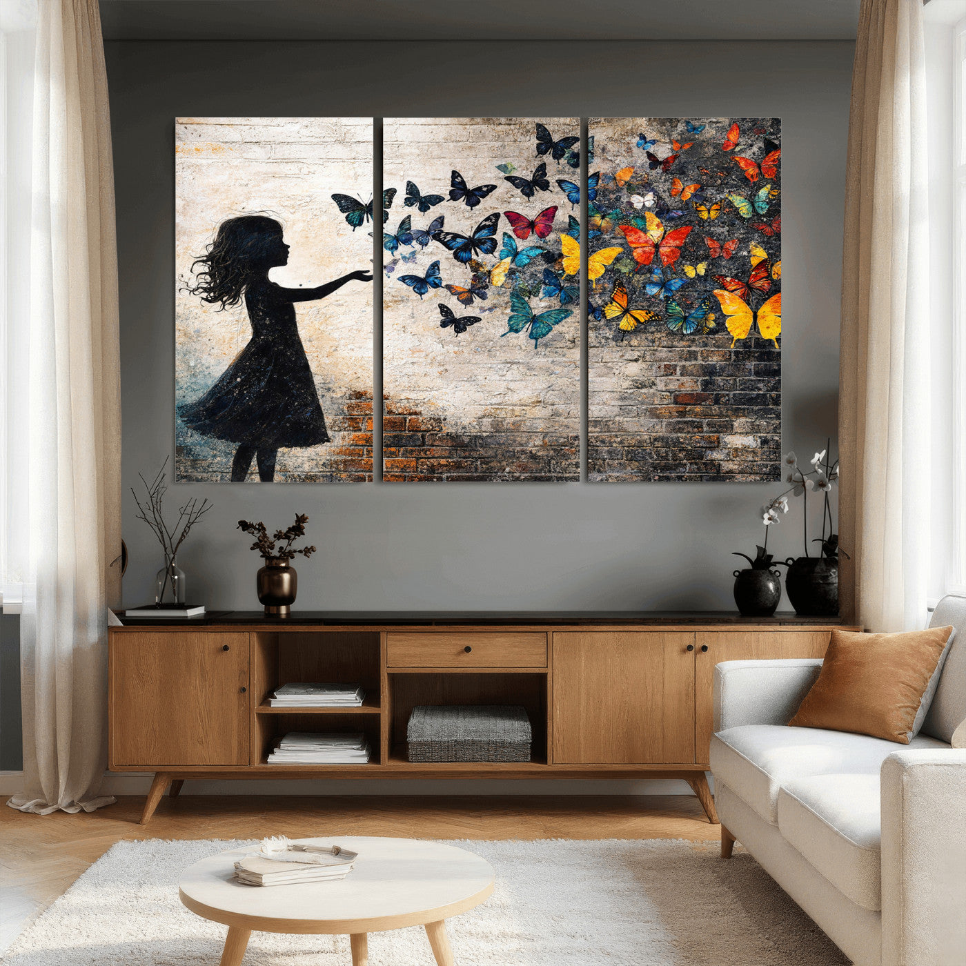 70522594-MGV-CV-36X24 - Banksy Butterfly Girl Wall Art Canvas Print, Framed Street Art Canvas Print, Graffiti Silhouette Butterfly Wall Art for Living Room Bedroom Office