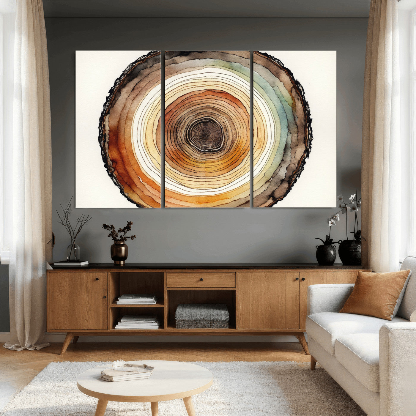 13719680-MGV-CV-36X24 - Natural Wood Slice Wall Art Canvas Print, Tree Ring Wall Art, Framed Abstract Nature Wall Decor, Earth Tone Statement Canvas Print