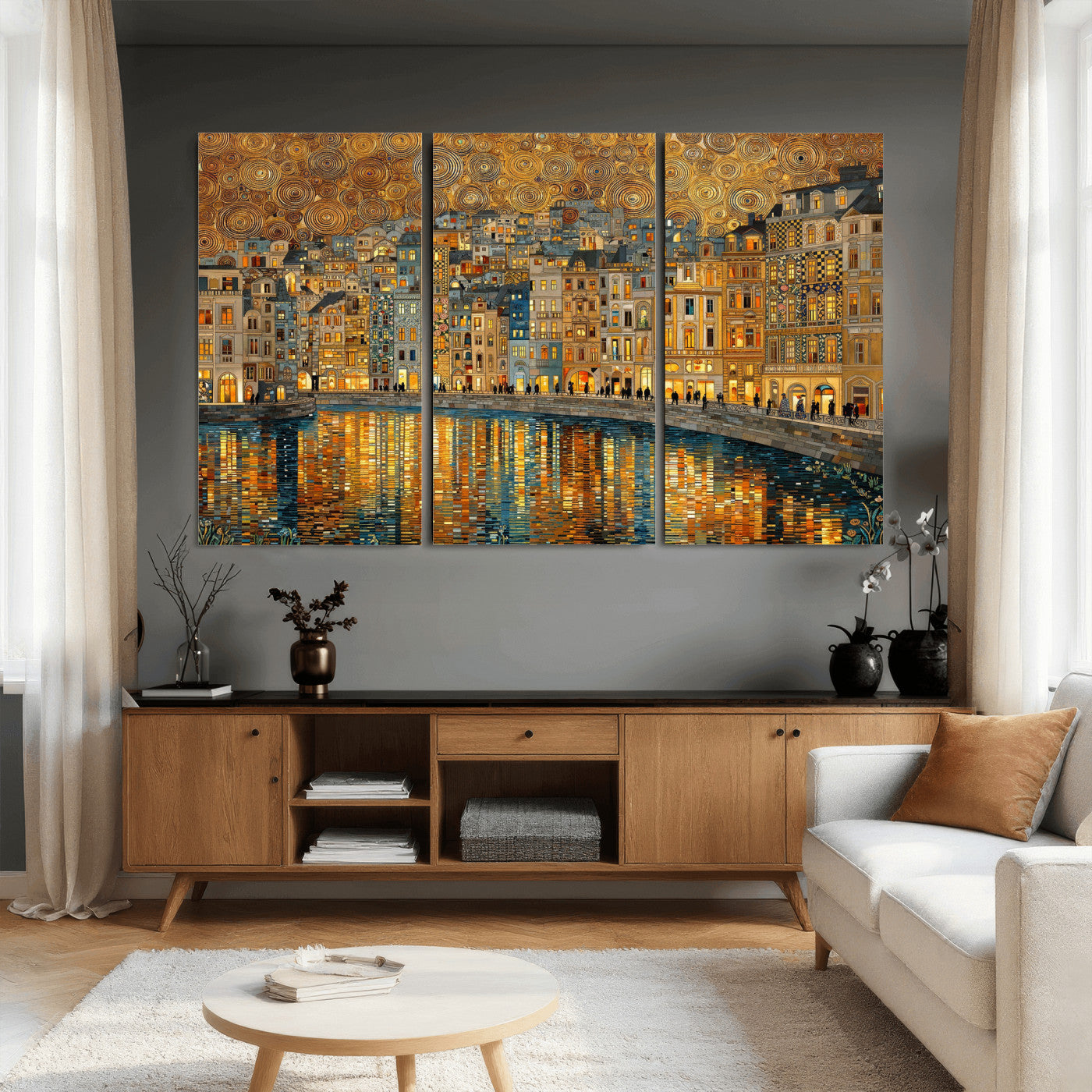94022787-MGV-CV-36X24 - Gustav Klimt Golden Cityscape Wall Art Canvas Print, Framed River Town Landscape Artwork, Ornate Architecture Wall Decor for Living Room Bedroom Office