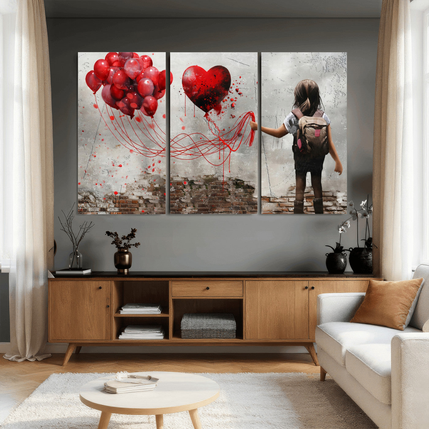 2162830T-MGV-CV-36X24 - Girl Graffiti Wall Art Canvas Print, Red Balloon Heart Street Art, Urban Love Artwork for Living Room Bedroom Hallway Office, Modern Abstract Canvas Wall Decor Home Decor