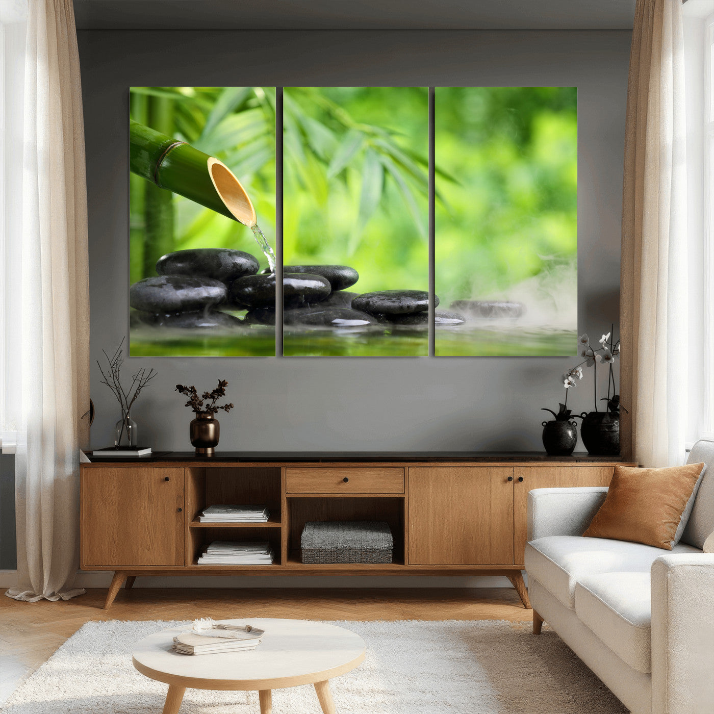 26961320-MGV-CV-36X24 - Bamboo Water Flow Black Stone Canvas | Zen Spa Nature Photography Print | Green Mist Japanese Garden Wall Art | Tranquil Decor