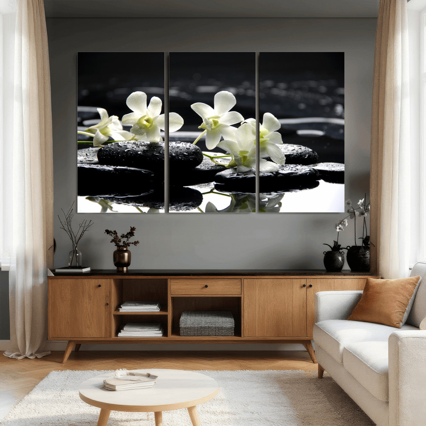 79486206-MGV-CV-36X24 - Plumeria Frangipani Black Stone Canvas | White Flower Spa Photography Print | Tropical Zen Wall Art | Grey Pebble Floral for Meditation Room Decor