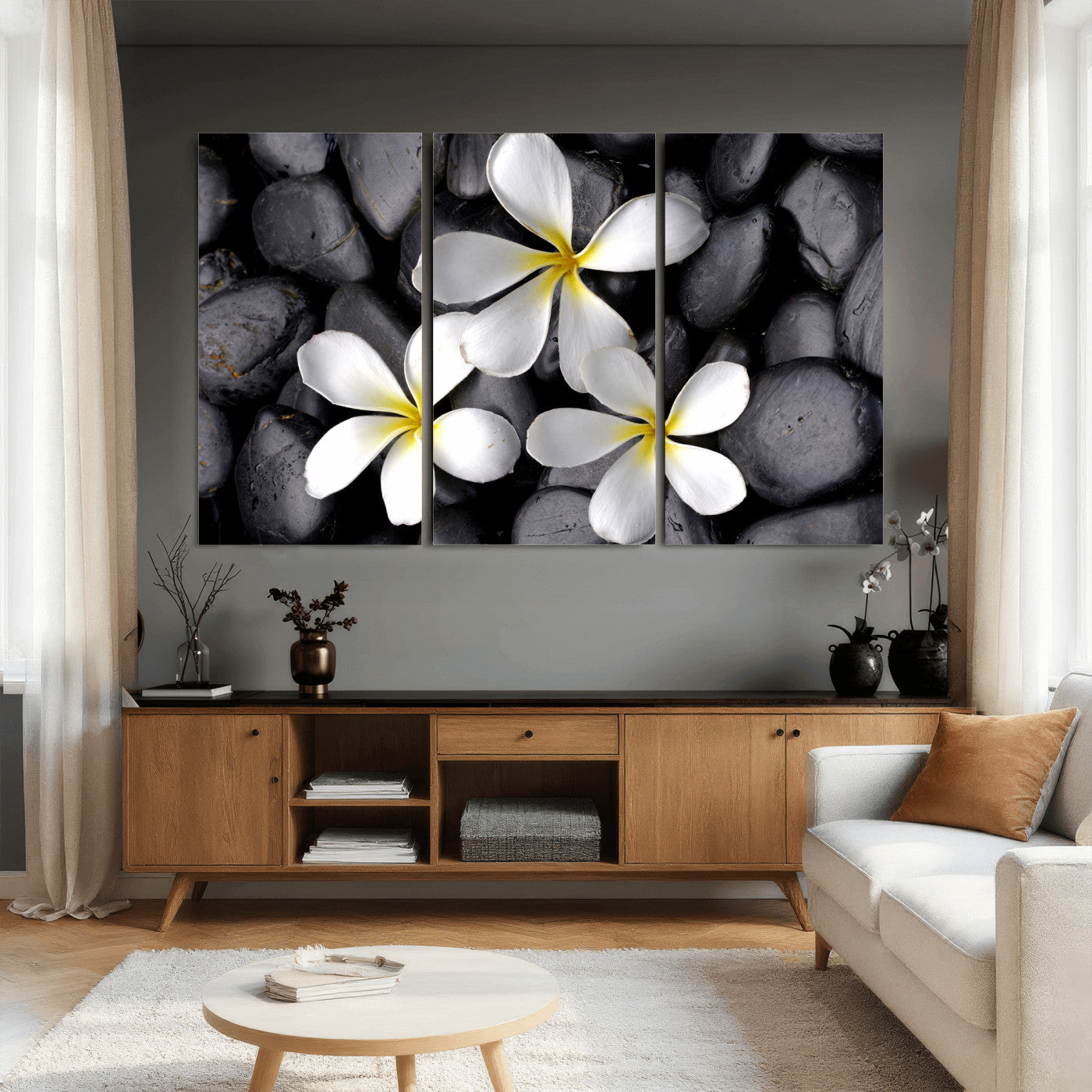 43639613-MGV-CV-36X24 - Plumeria Frangipani Black Stone Canvas | White Flower Spa Photography Print | Tropical Zen Wall Art | Grey Pebble Floral Decor
