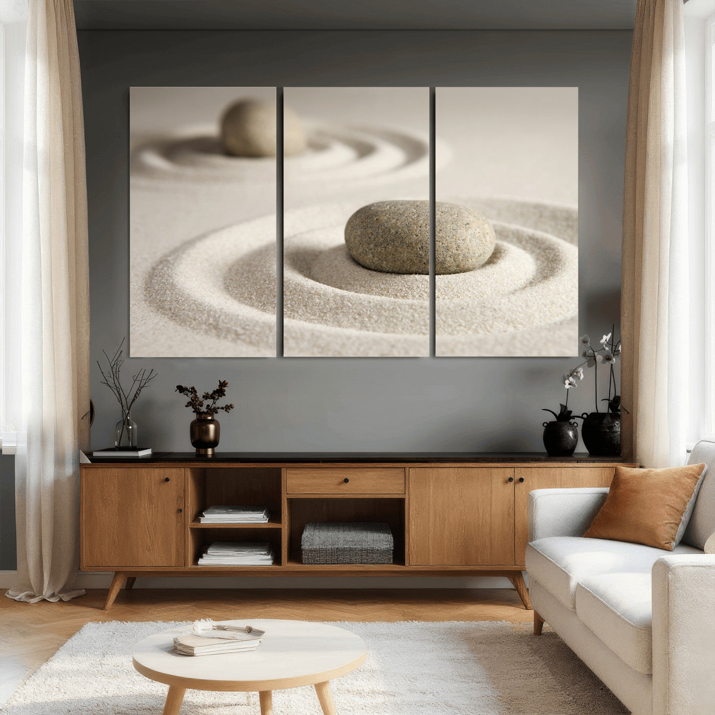 13397966-MGV-CV-36X24 - Zen Garden Stone Sand Canvas | Japanese Rock Garden Wall Art | Minimalist Meditation Print | Neutral Beige Mindfulness Decor