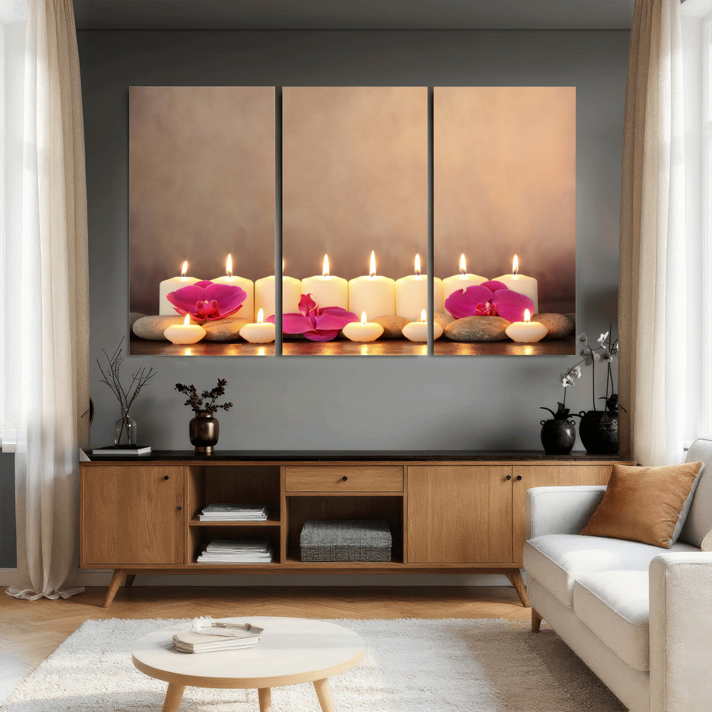 59470569-MGV-CV-36X24 - Spa Candles Orchid Canvas Print | Zen Wellness Relaxation Wall Art | Pink Flower Candlelight Bathroom Decor | Calm Beige Photography