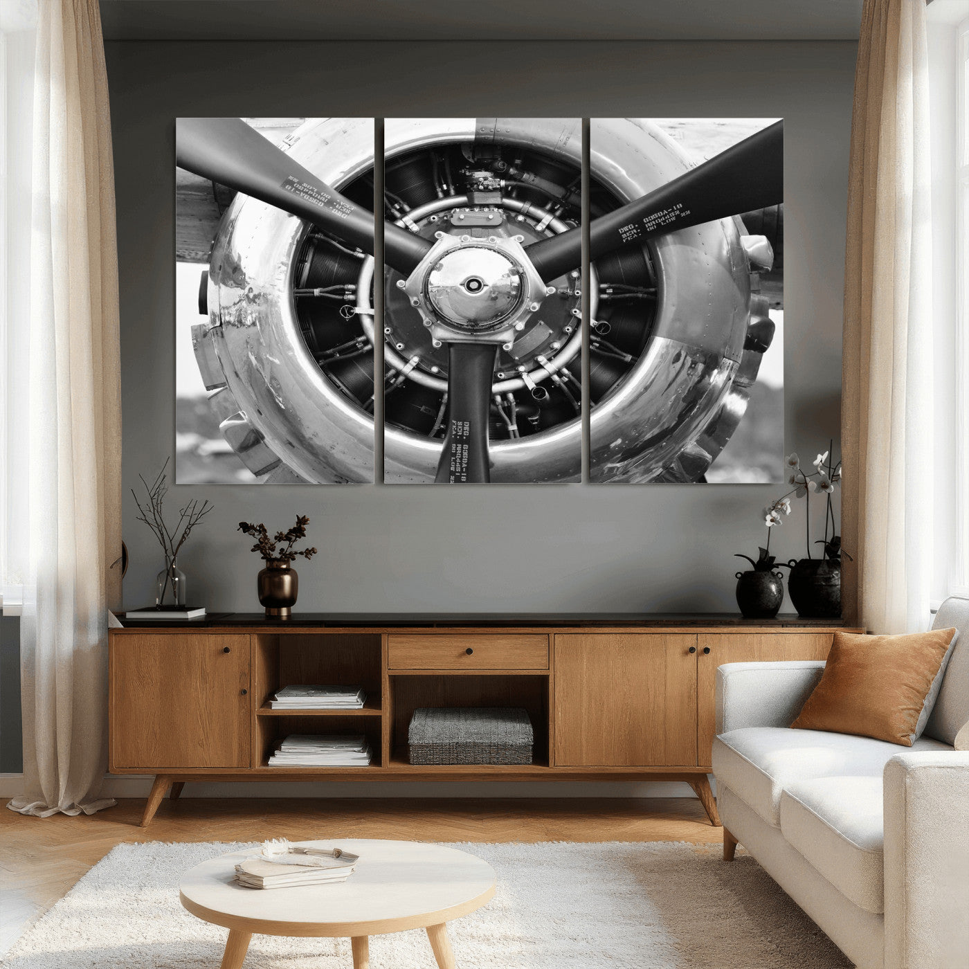 73322230-MGV-CV-36X24 - Vintage Propeller Plane Wall Art Canvas Print, Black and White Airplane Engine Close Up Framed Aviation Artwork for Pilot Office Hangar Decor