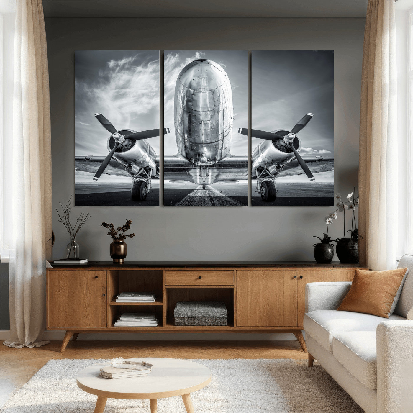 59729636-MGV-CV-36X24 - Vintage Propeller Plane Wall Art Canvas Print, Black and White Airplane Engine Close Up Framed Aviation Artwork for Pilot Office Hangar Decor