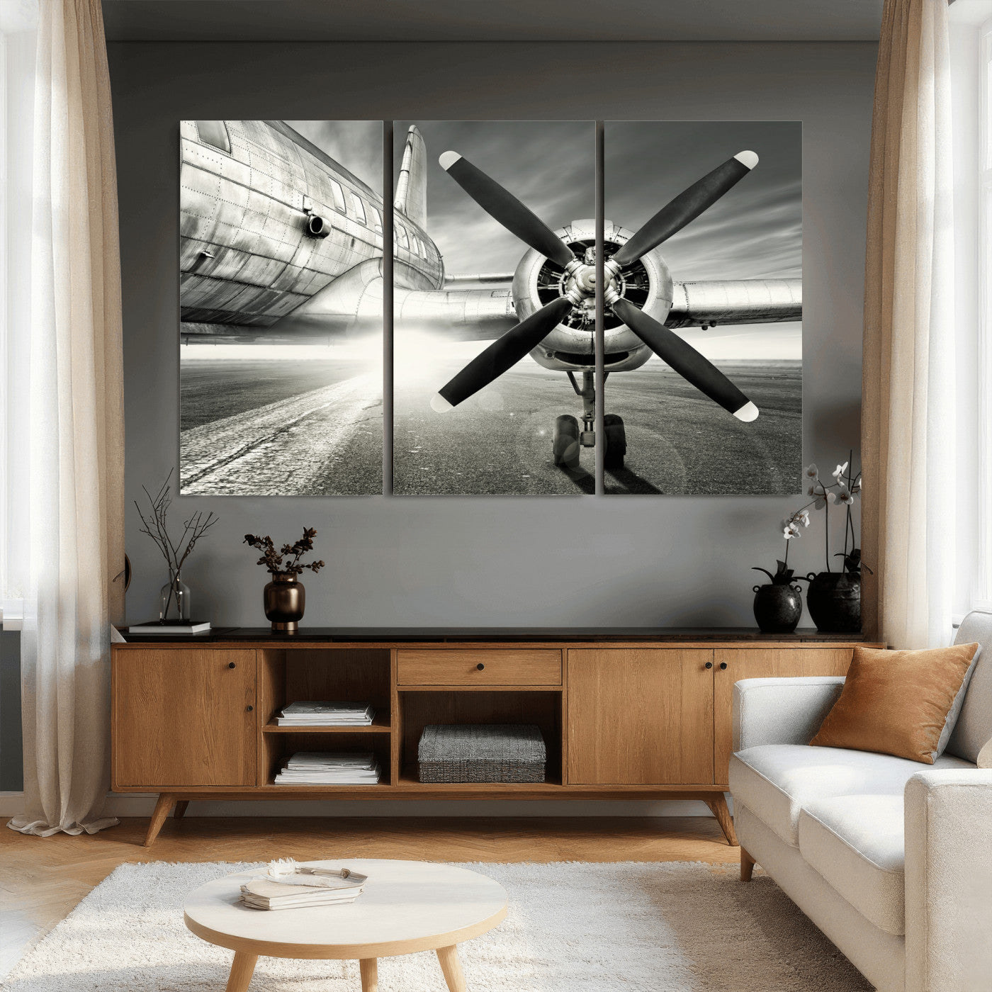 16420255-MGV-CV-36X24 - Vintage Airplane Wall Art Canvas Print, Black and White Propeller Aircraft Framed Aviation Artwork for Pilot Office Hangar Living Room Decor