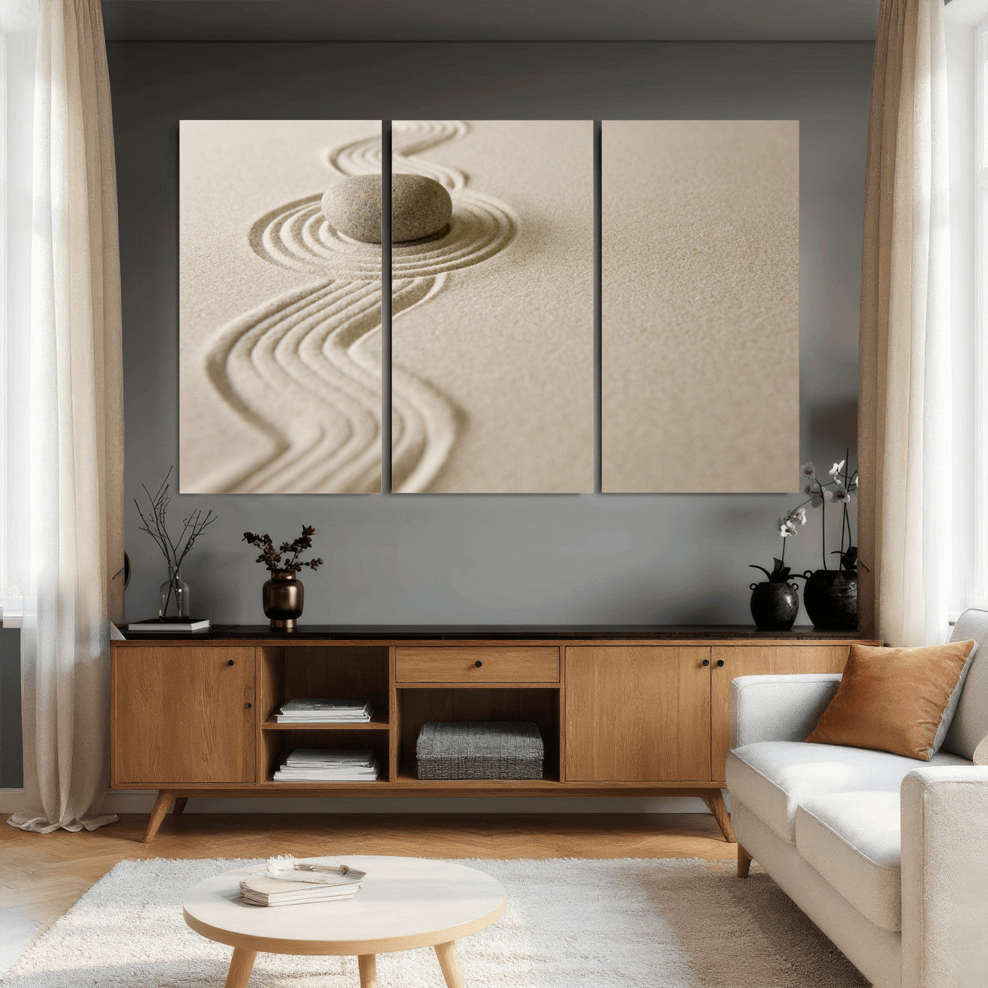 66852661-MGV-CV-36X24 - Zen Garden Stone Sand Canvas | Japanese Rock Garden Wall Art | Minimalist Meditation Print | Neutral Beige Mindfulness Decor