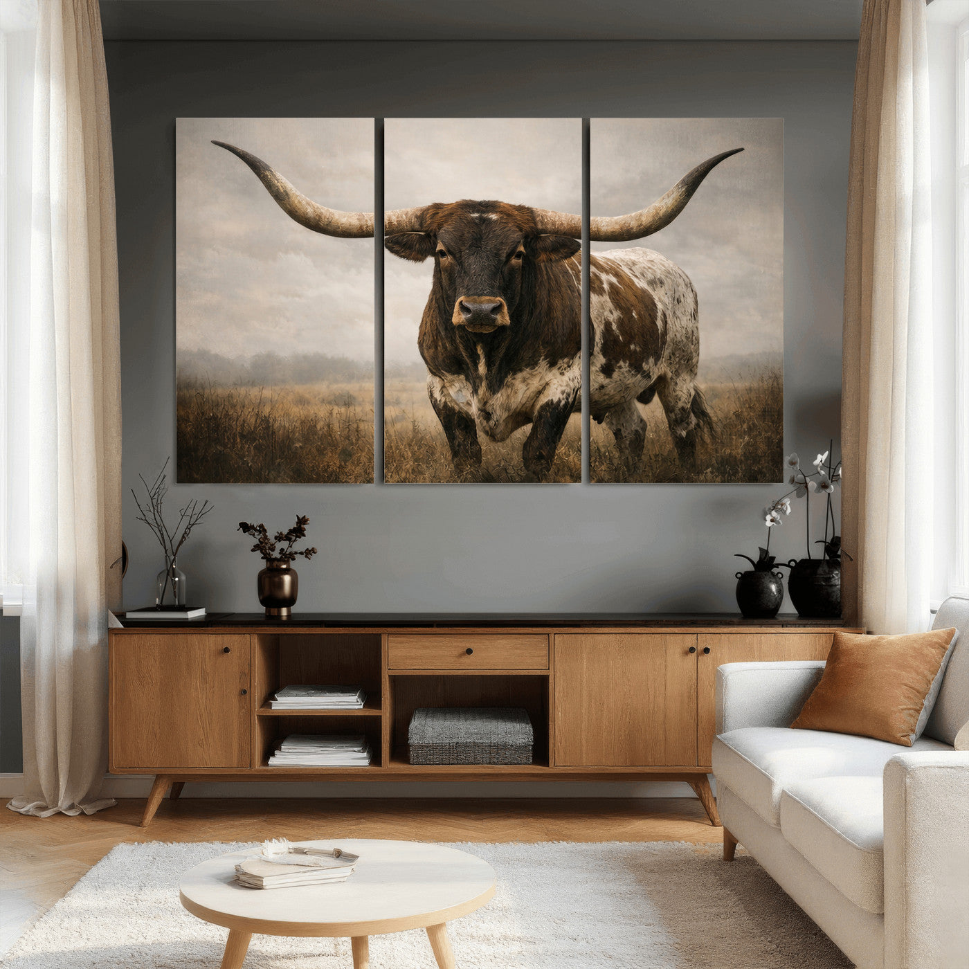17622011L-MGV-CV-36X24 - Longhorn Bull Wall Art Canvas Print, Western Farmhouse Cowboy Decor, Rustic Texas Ranch Cattle Artwork for Living Room Bedroom Office, Framed Wall Decor