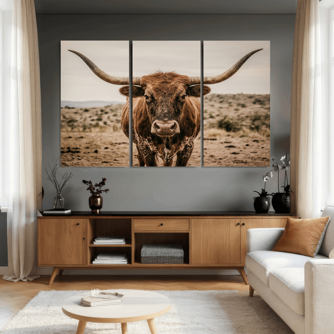 17622011K-MGV-CV-36X24 - Texas Longhorn Bull Wall Art Canvas Print, Western Farmhouse Cowboy Decor, Rustic Texas Ranch Cattle Artwork for Living Room Bedroom Office, Framed Wall Decor