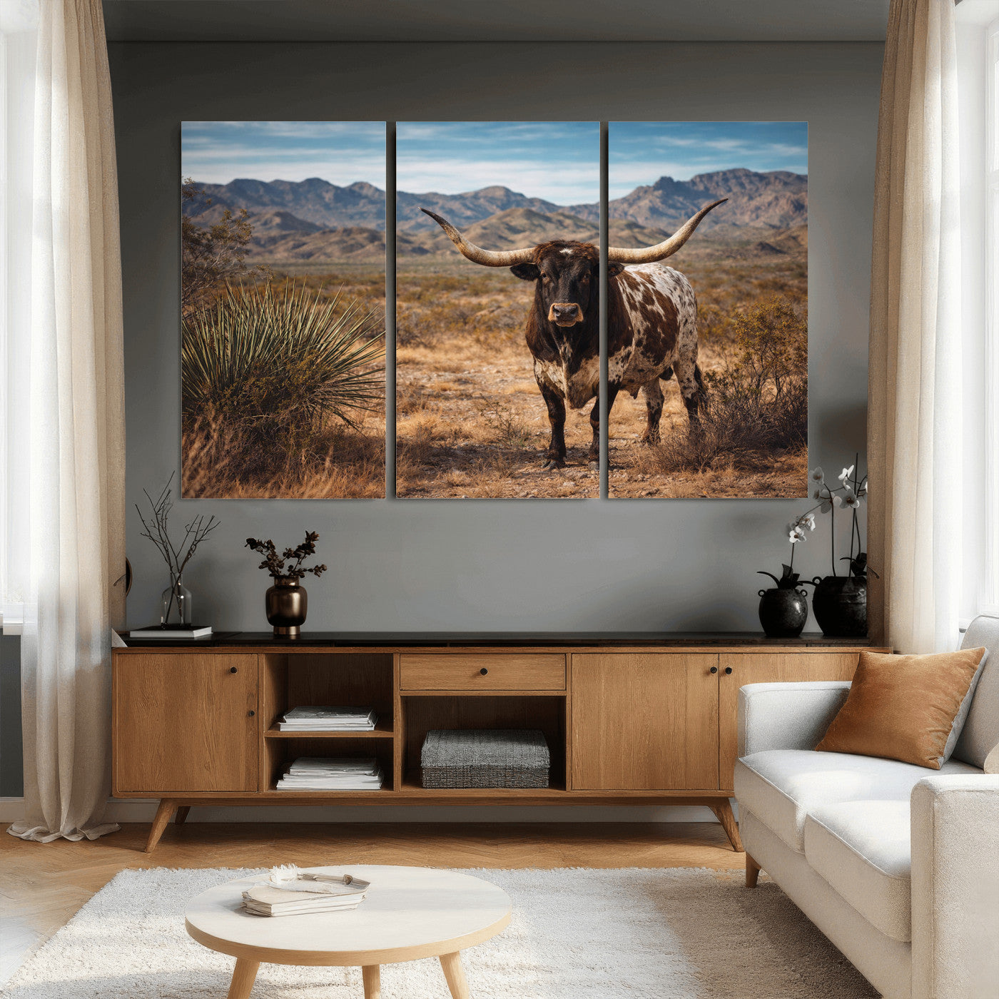 17622011S-MGV-CV-36X24 - Texas Longhorn Bull Wall Art Canvas Print, Western Farmhouse Cowboy Decor, Rustic Texas Ranch Cattle Artwork for Living Room Bedroom Office, Framed Wall Decor