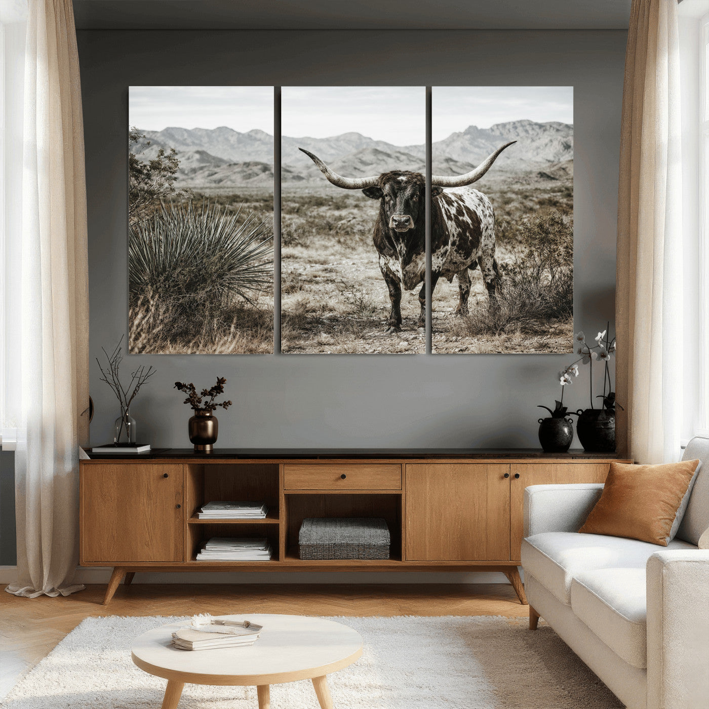 17622011H-MGV-CV-36X24 - Texas Longhorn Bull Wall Art Canvas Print, Western Farmhouse Cowboy Decor, Rustic Texas Ranch Cattle Artwork for Living Room Bedroom Office, Framed Wall Decor