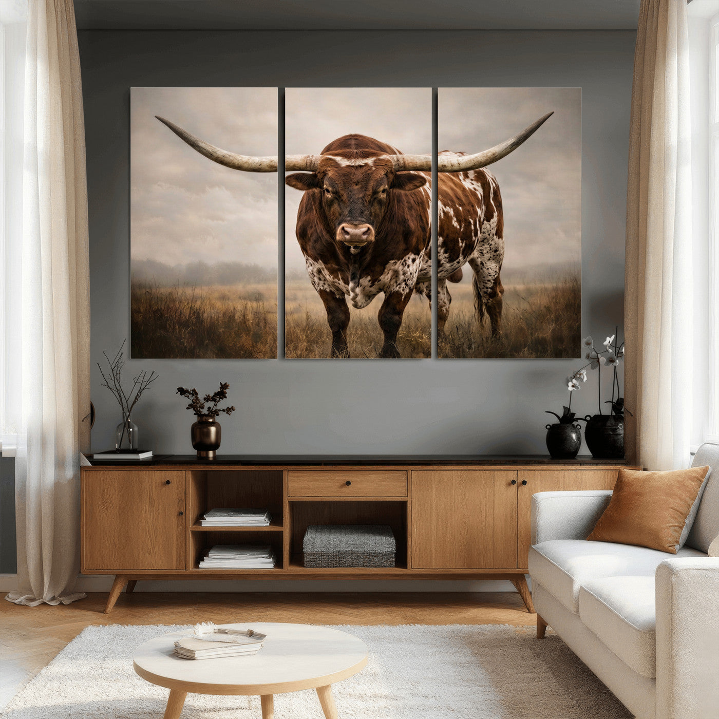 25239047-MGV-CV-36X24 - Texas Longhorn Canvas Wall Art Western Bull Desert Moody Grey Overcast Rustic Farmhouse Framed Large for Living Room Bedroom Office Decor