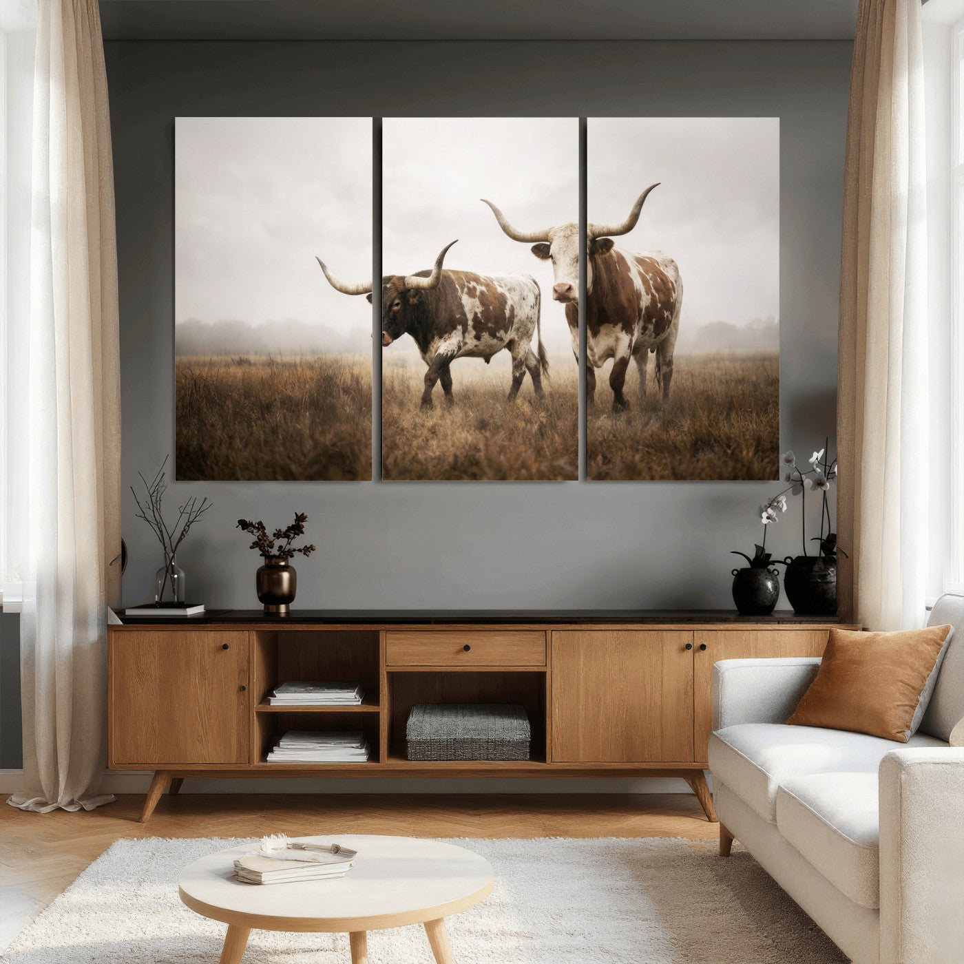 92881702-MGV-CV-36X24 - Texas Longhorn Canvas Wall Art Western Bull Desert Moody Grey Overcast Rustic Farmhouse Framed Large for Living Room Bedroom Office Decor