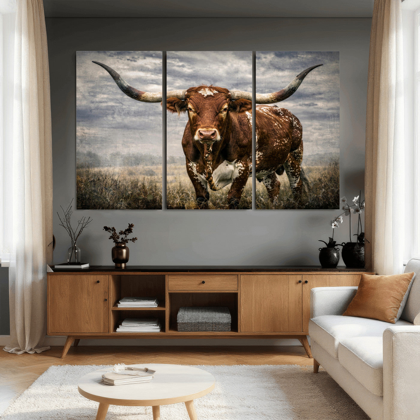 14372769-MGV-CV-36X24 - Texas Longhorn Canvas Wall Art Western Bull Desert Moody Grey Overcast Rustic Farmhouse Framed Large for Living Room Bedroom Office Decor