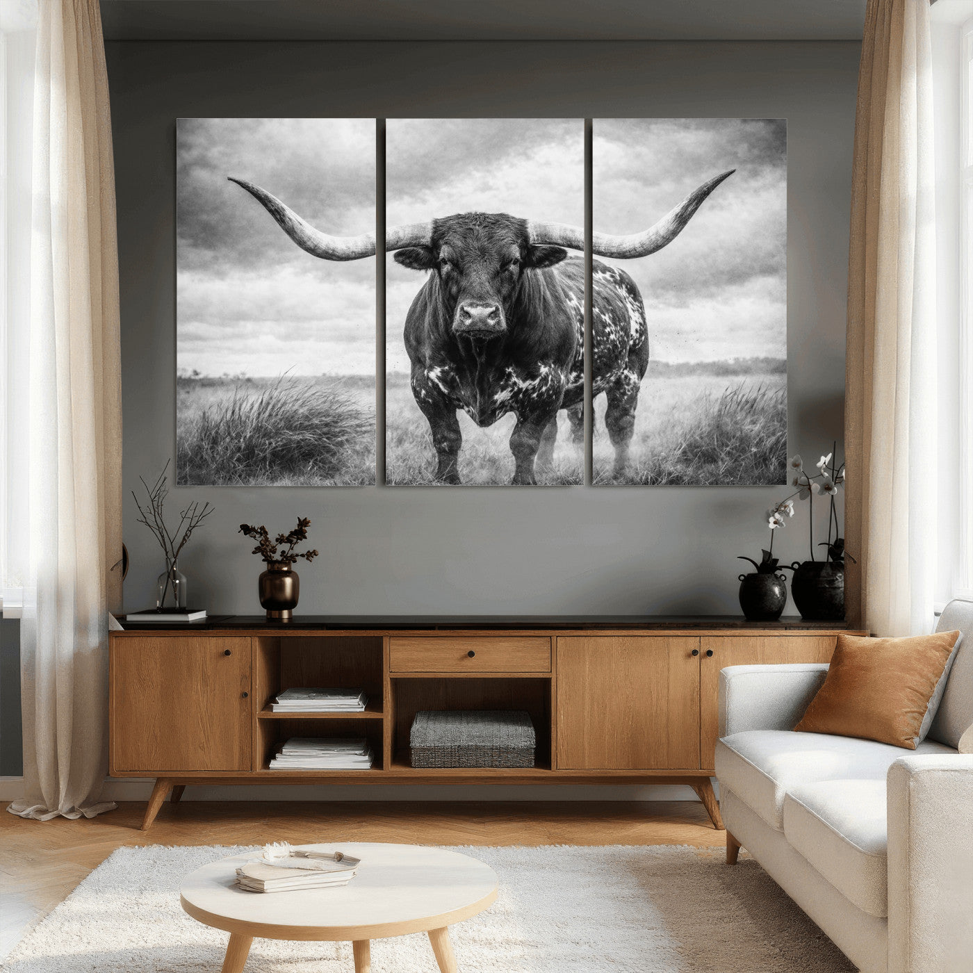 19951238-MGV-CV-36X24 - Texas Longhorn Canvas Wall Art Western Bull Desert Moody Grey Overcast Rustic Farmhouse Framed Large for Living Room Bedroom Office Decor
