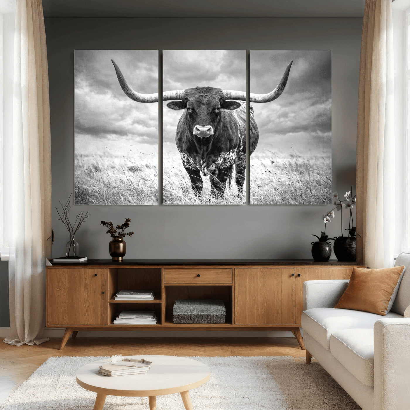 63336115-MGV-CV-36X24 - Texas Longhorn Canvas Wall Art Western Bull Desert Moody Grey Overcast Rustic Farmhouse Framed Large for Living Room Bedroom Office Decor