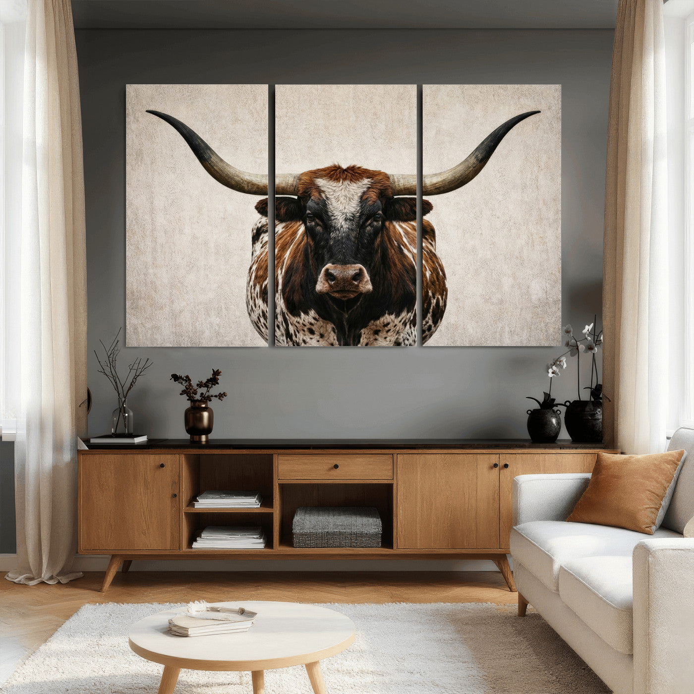 58622065-MGV-CV-36X24 - Texas Longhorn Canvas Wall Art Western Bull Desert Moody Grey Overcast Rustic Farmhouse Framed Large for Living Room Bedroom Office Decor