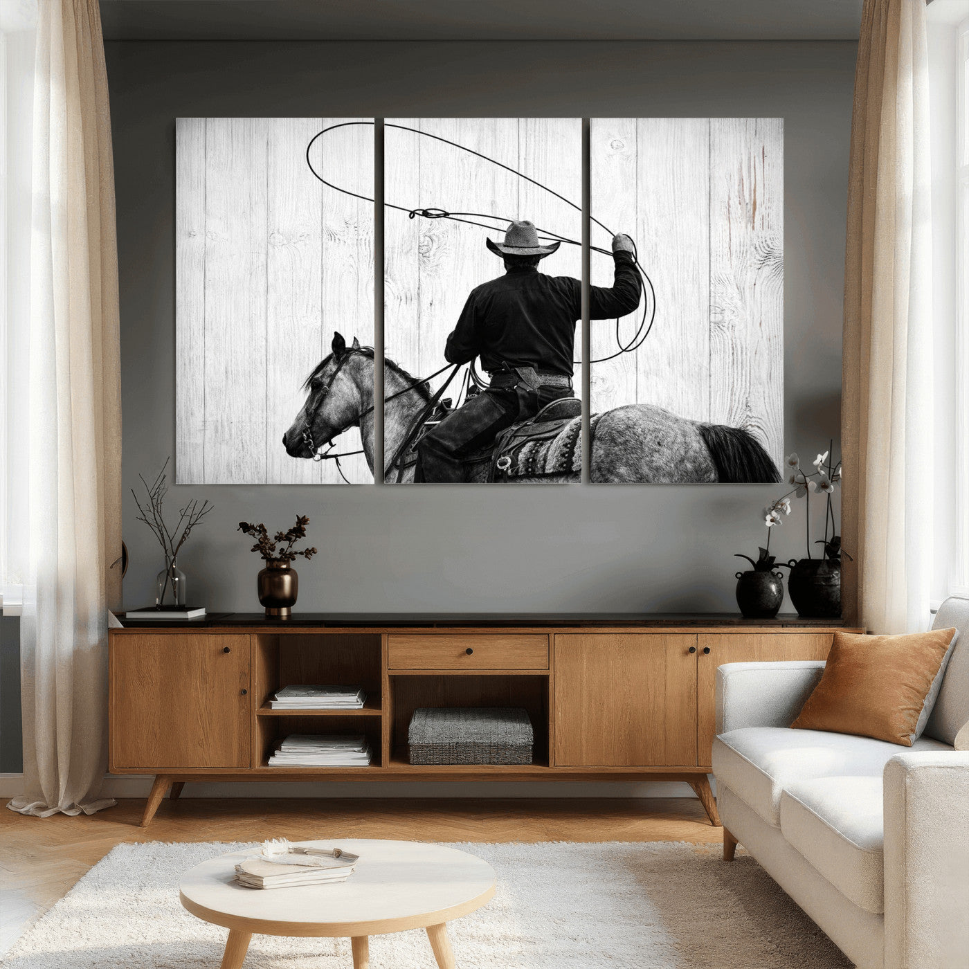 22569358-MGV-CV-36X24 - Cowboy Lasso Canvas Wall Art, Black White Western Horse Photo Print, Rustic Ranch Rodeo Decor, Farmhouse Western Art, Cowboy Gift for Him