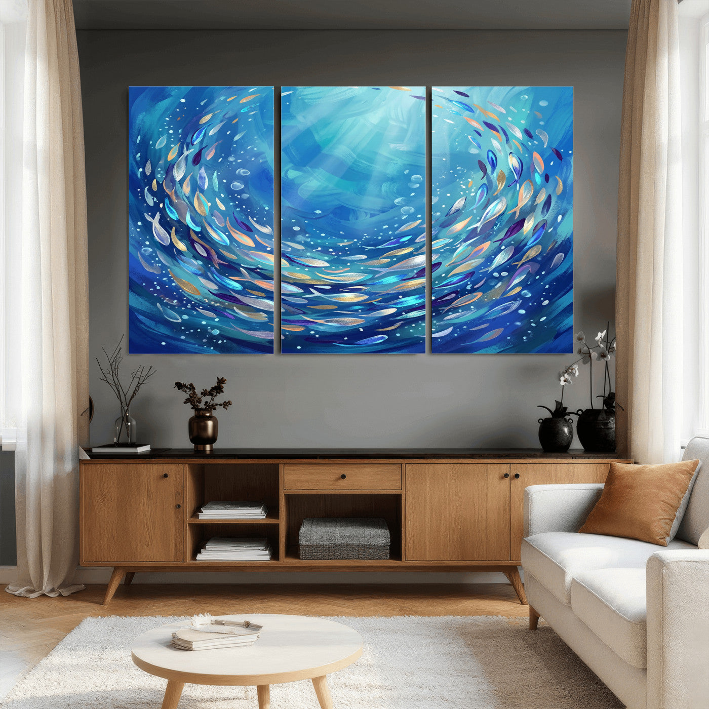 78699899-MGV-CV-36X24 - School of Fish Canvas Print | Blue Ocean Underwater Wall Art | Swirling Fish Shoal Illustration | Marine Navy Coastal Decor