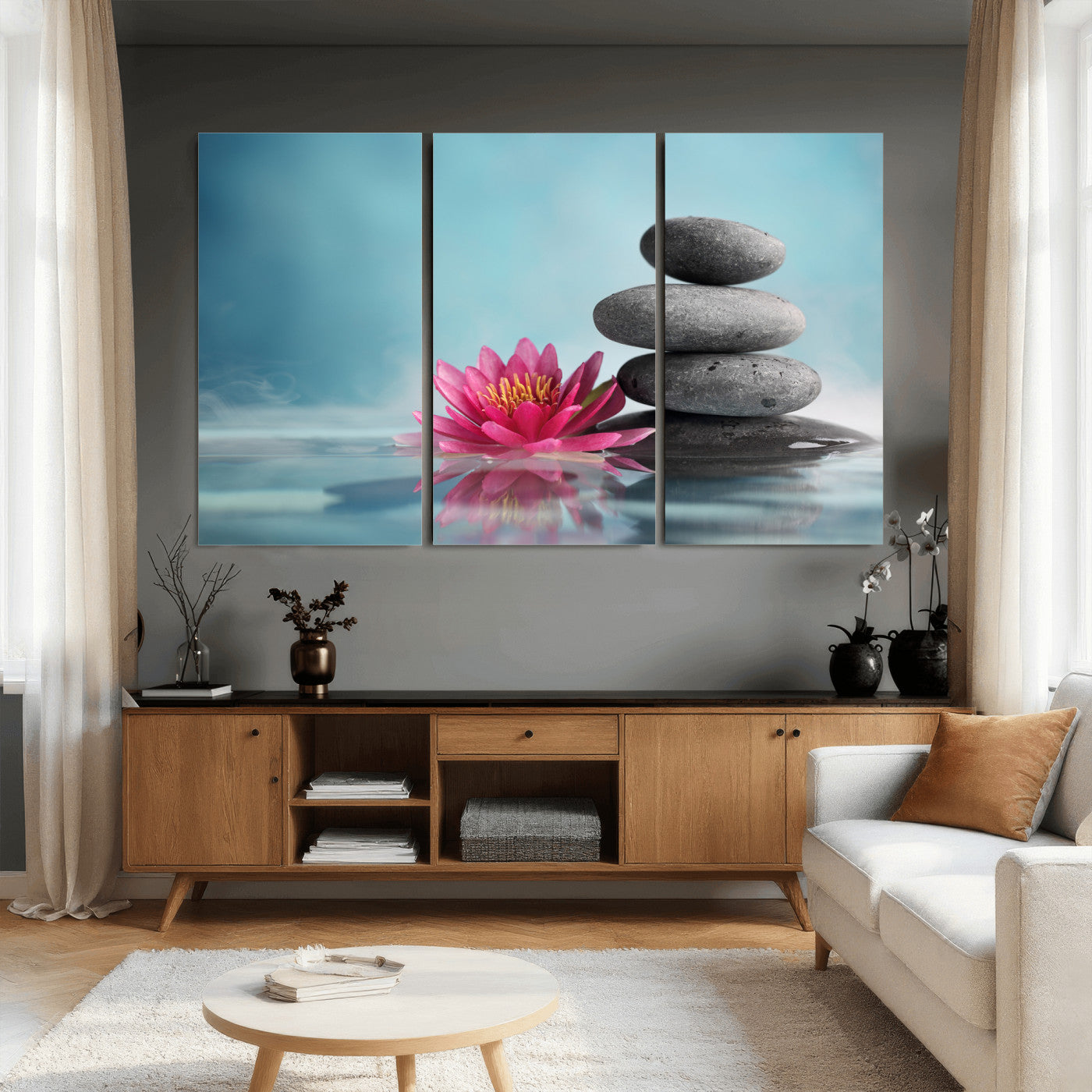 84293154-MGV-CV-36X24 - Zen Canvas Wall Art Lotus Flower Stacked Stones Teal Spa Meditation Relaxation Framed Large for Bathroom Bedroom Living Room Office Decor