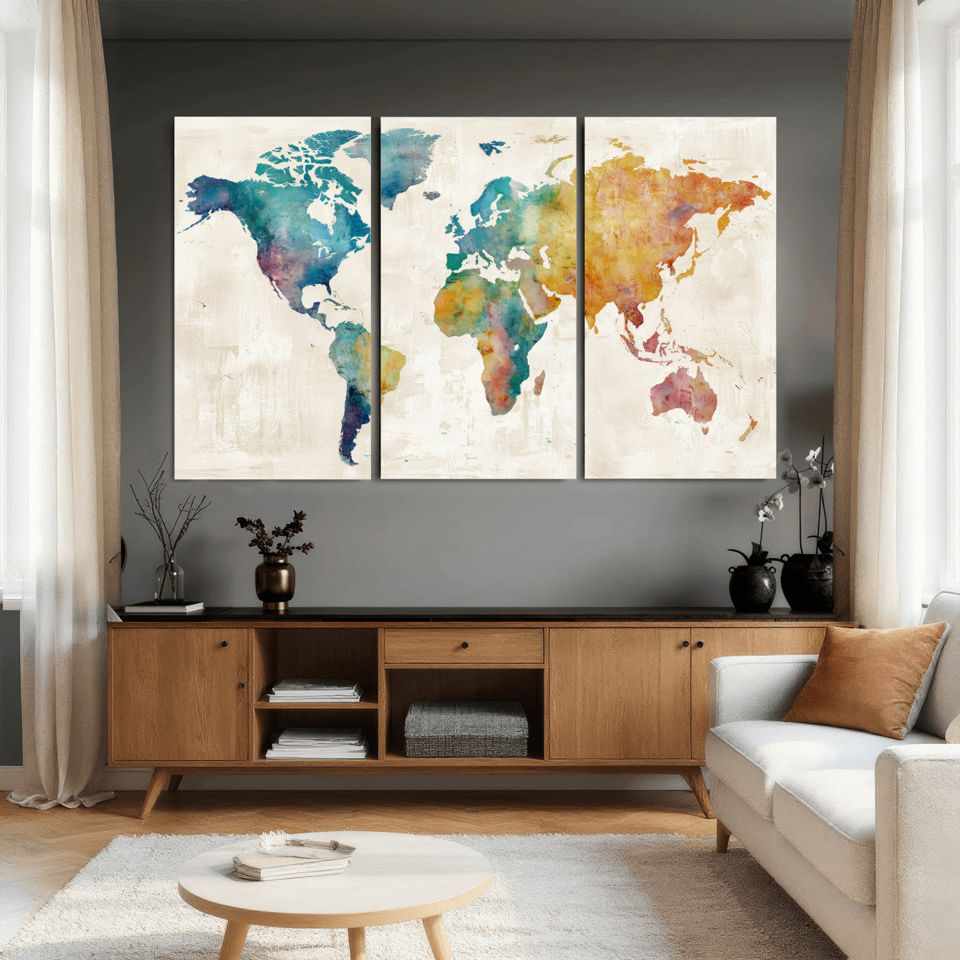 56556018-MGV-CV-36X24 - Watercolor World Map Canvas Wall Art Print – Abstract Colorful Travel Wall Decor