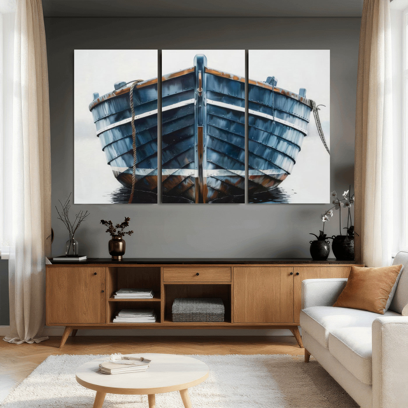 21601740-MGV-CV-36X24 - Blue Wooden Rowboat Canvas Wall Art, Coastal Nautical Boat Painting Print for Lake Beach House Decor, Minimalist Maritime Decor Artwork