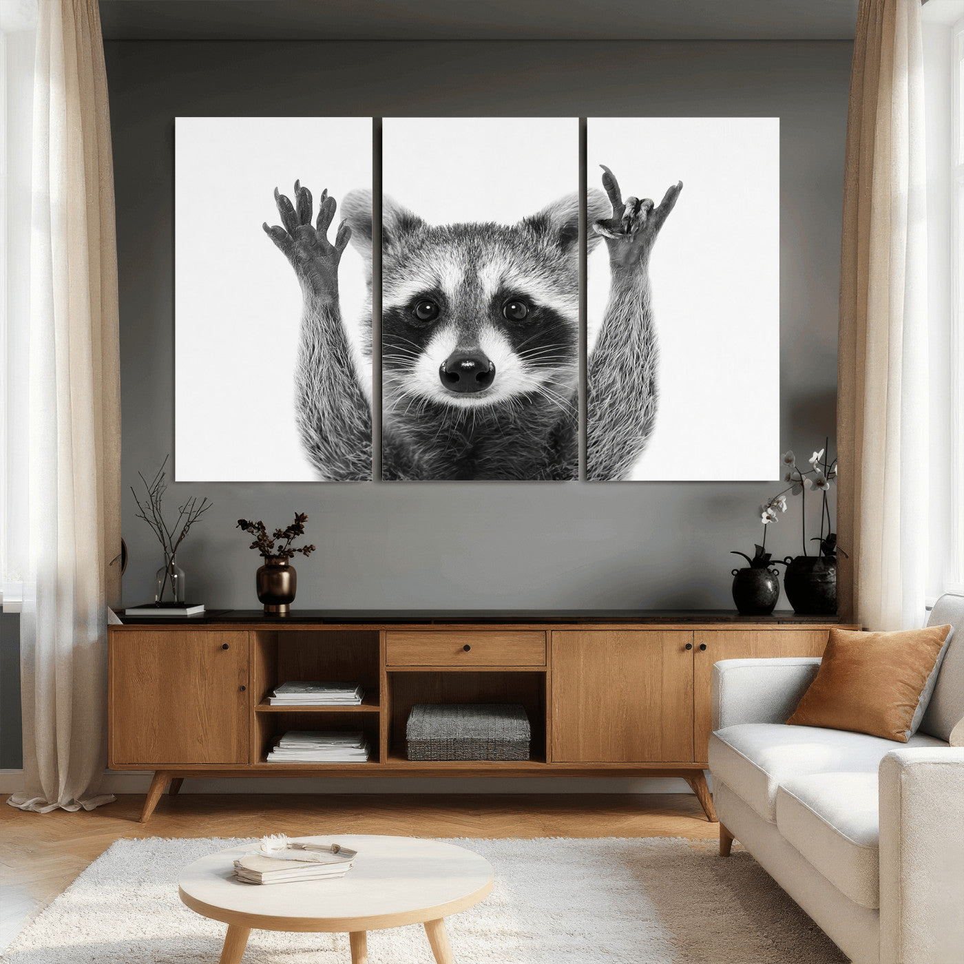 82392228-MGV-CV-36X24 - Funny Raccoon Canvas Wall Art, Black White Hands Up Animal Photo Print, Humorous Wildlife Decor, Kids Room Nursery Art, Quirky Animal Gift