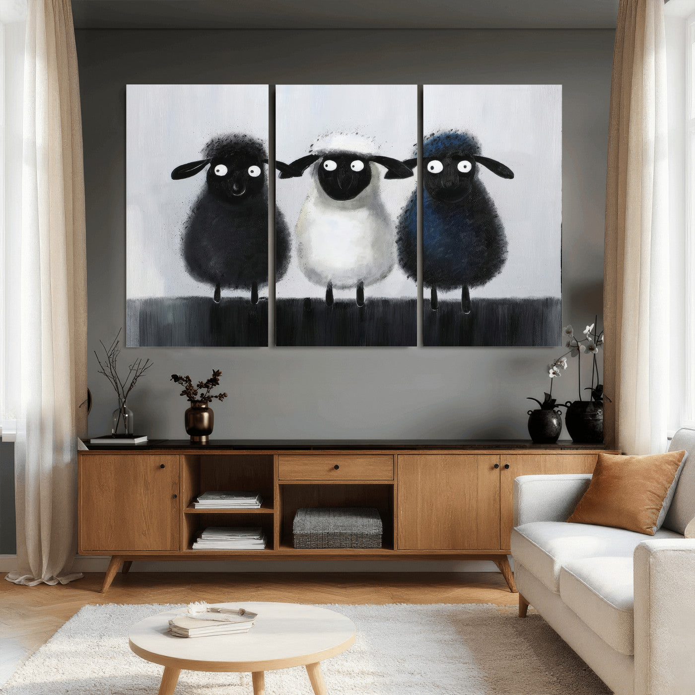 45650028-MGV-CV-36X24 - Funny Sheep Canvas Wall Art, Three Quirky Sheep Painting Print, Cute Animal Nursery Decor, Black White Navy Farmhouse Art, Kids Room Gift