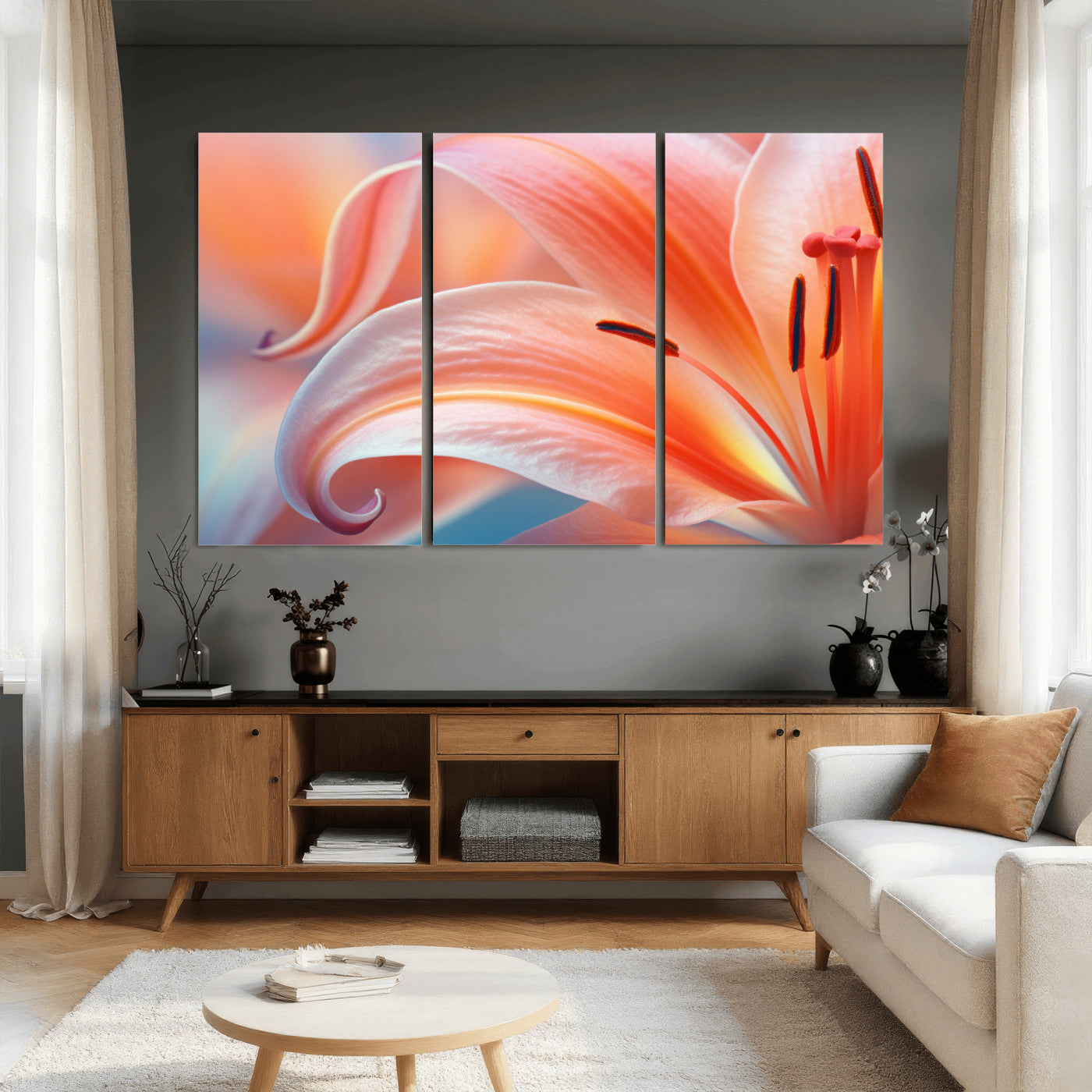 69566231-MGV-CV-36X24 - Peach Lily Canvas Wall Art, Coral Pink Flower Macro Photo Print, Botanical Bedroom Decor, Soft Floral Photography, Living Room Wall Art