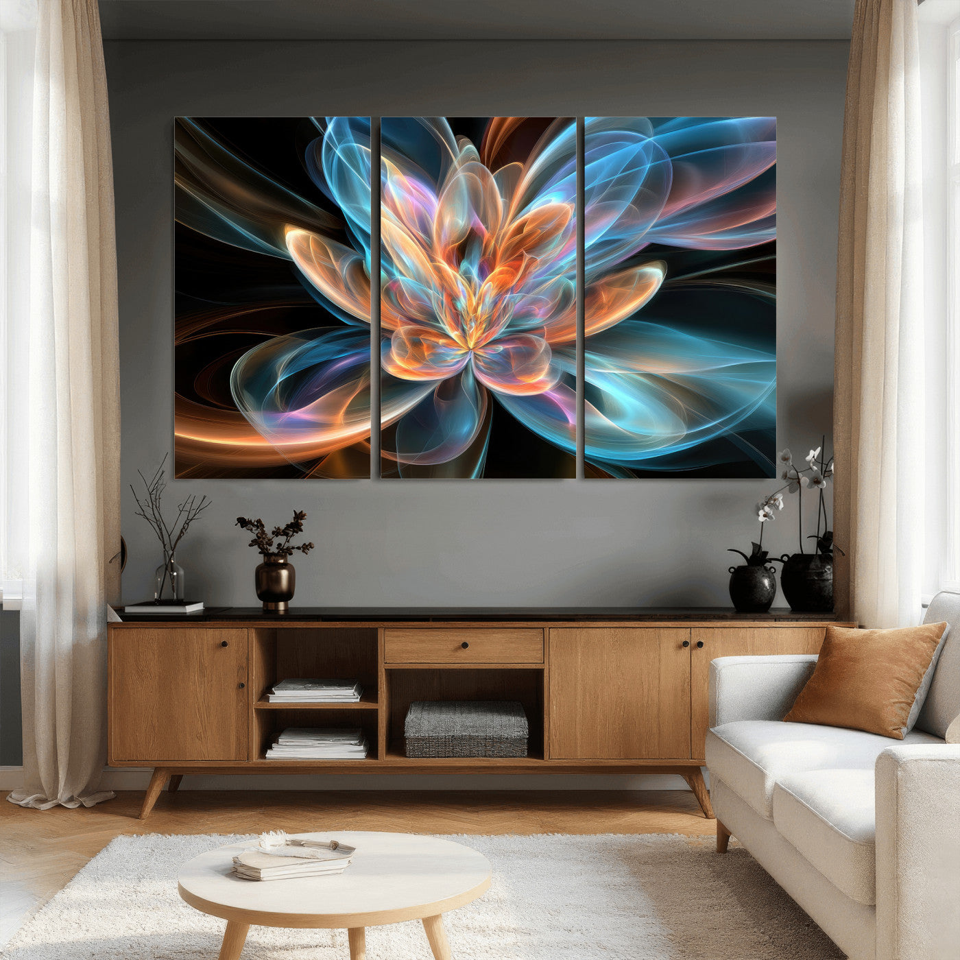 91902283-MGV-CV-36X24 - Fractal Lotus Canvas Wall Art, Blue Orange Glowing Flower Abstract Print, Modern Zen Meditation Room Decor, Ethereal Digital Art, Living Room