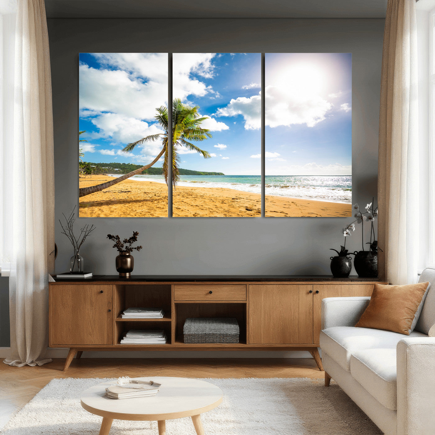 79108949-MGV-CV-36X24 - Tropical Beach Canvas Wall Art, Palm Tree Ocean Photo Print, Coastal Living Room Decor, Turquoise Sea Beach House Art, Summer Wall Art