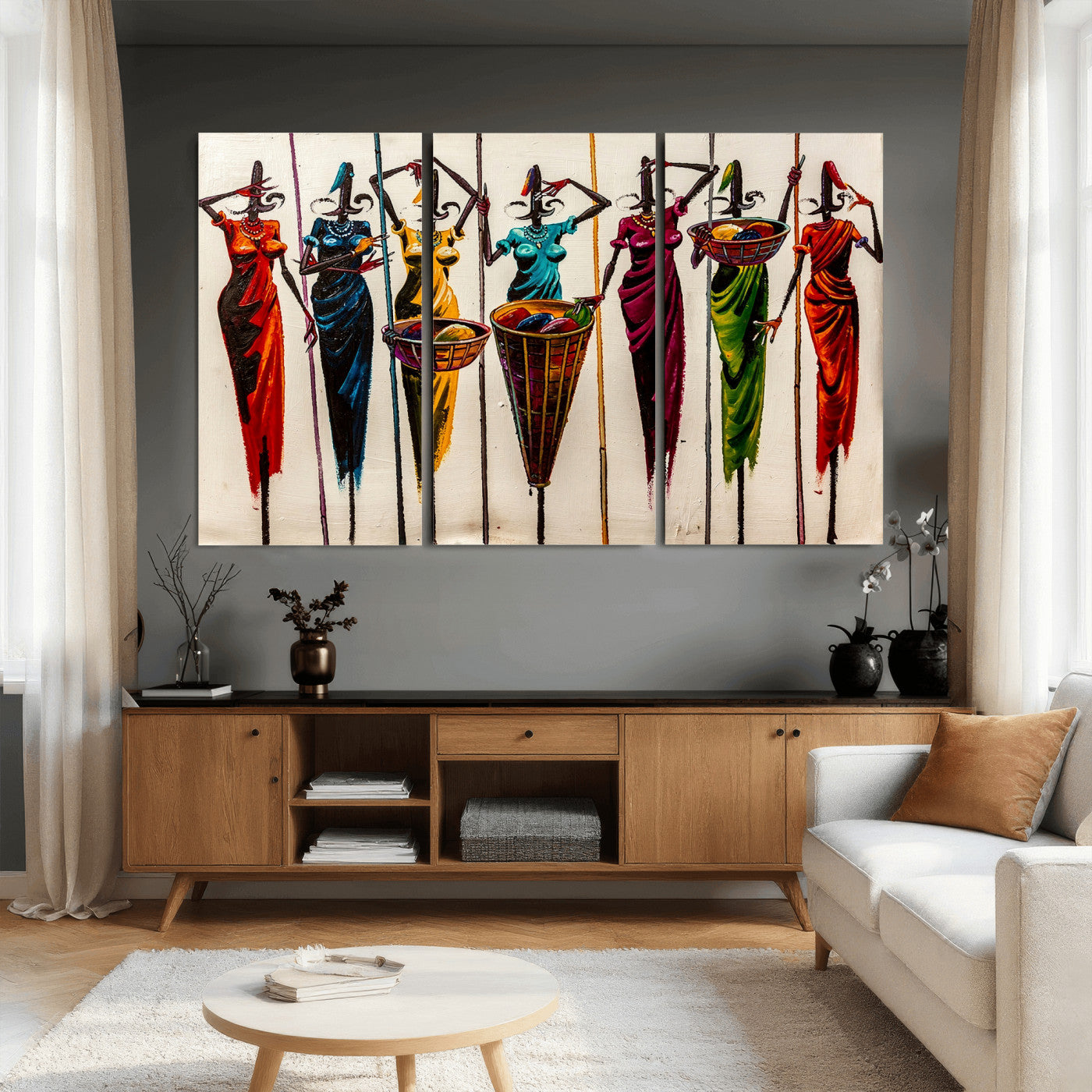 53545627-MGV-CV-36X24 - African Folk Art Canvas Wall Art, Colorful African Women Village Painting Print, Tribal Ethnic Home Decor, Vibrant African Art, Living Room