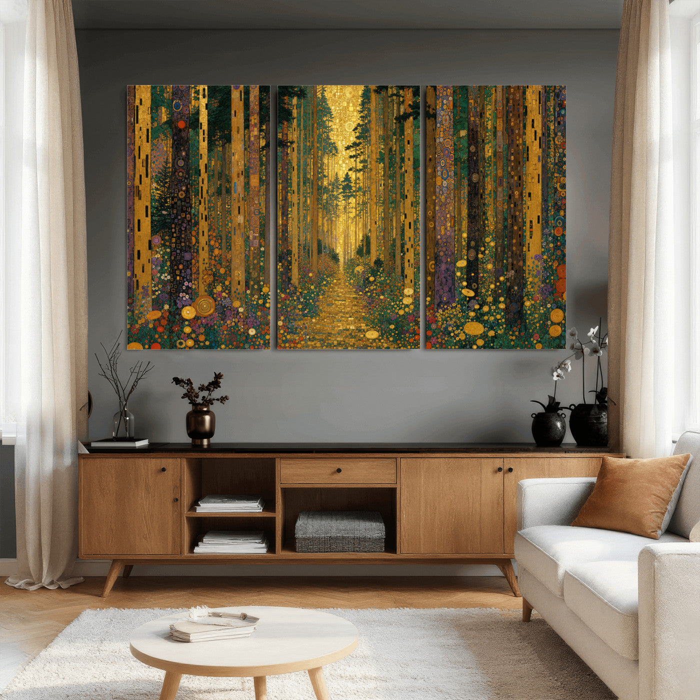 79483321G-MGV-CV-48X32-3P - Gustav Klimt Style Forest Canvas Wall Art, Golden Forest Path Floral Art Nouveau Print, Enchanted Woodland Decor