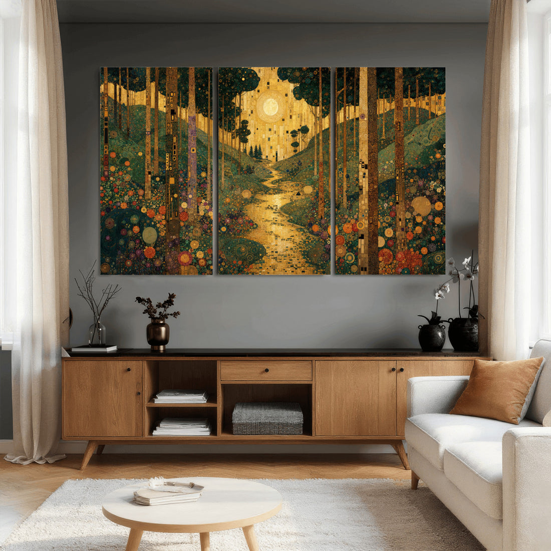 Gustav Klimt Style Forest Canvas Wall Art, Golden Forest Path Floral Art Nouveau Print