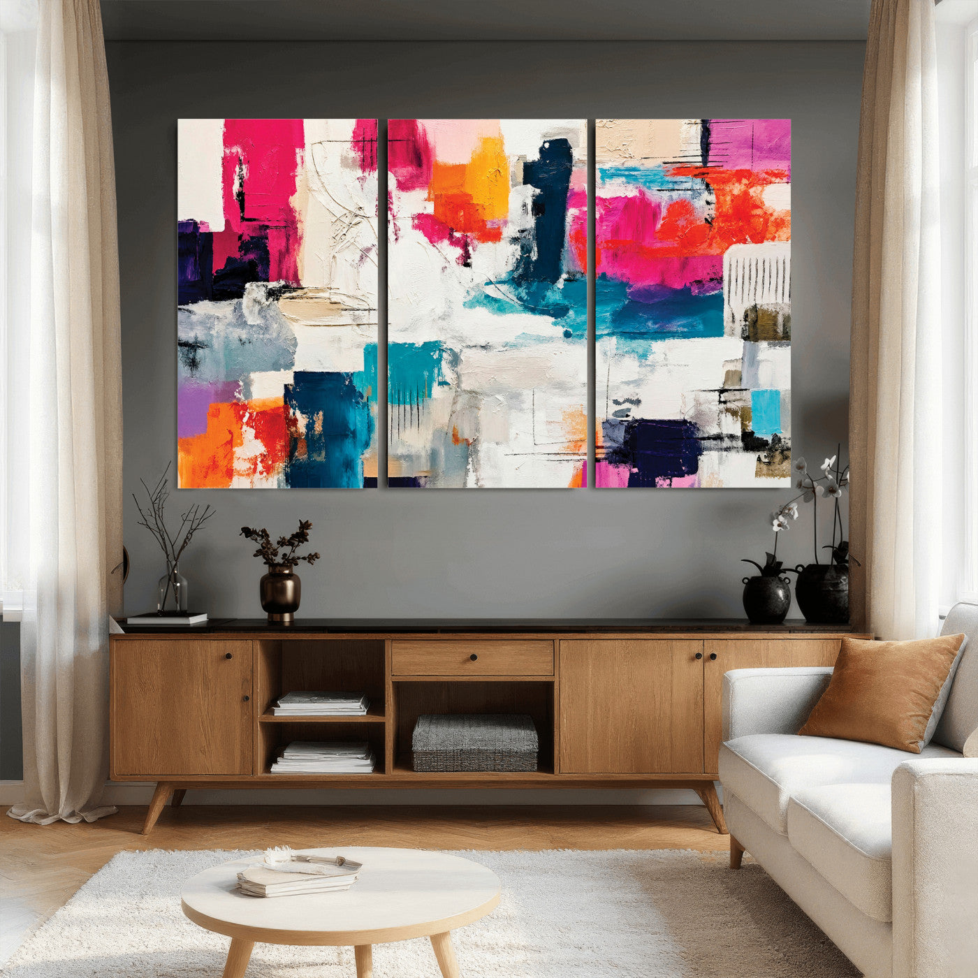 57864023-MGV-CV-36X24 - Blue Teal Abstract Canvas Wall Art | Modern Textured Painting Print, Navy Orange White Contemporary Art, Neutral Living Room Decor, Office Art