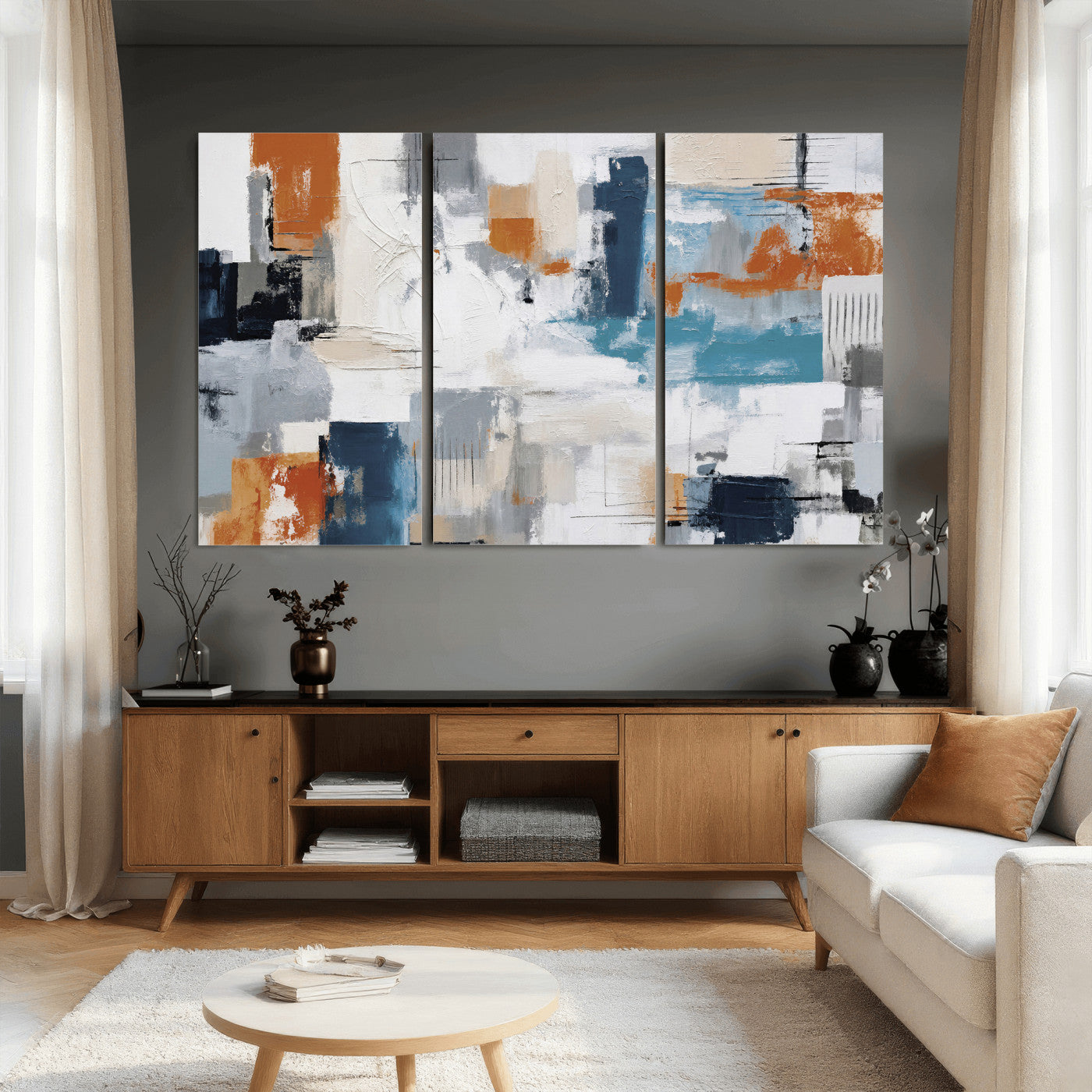 44950303-MGV-CV-36X24 - Blue Teal Abstract Canvas Wall Art, Modern Textured Painting Print, Navy Orange White Contemporary Art, Neutral Living Room Decor, Office Art