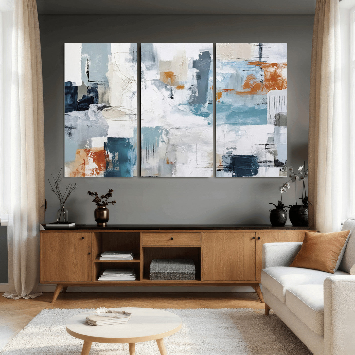 98638479-MGV-CV-36X24 - Blue Teal Abstract Canvas Wall Art, Modern Textured Painting Print, Navy Orange White Contemporary Art, Neutral Living Room Decor, Office Art