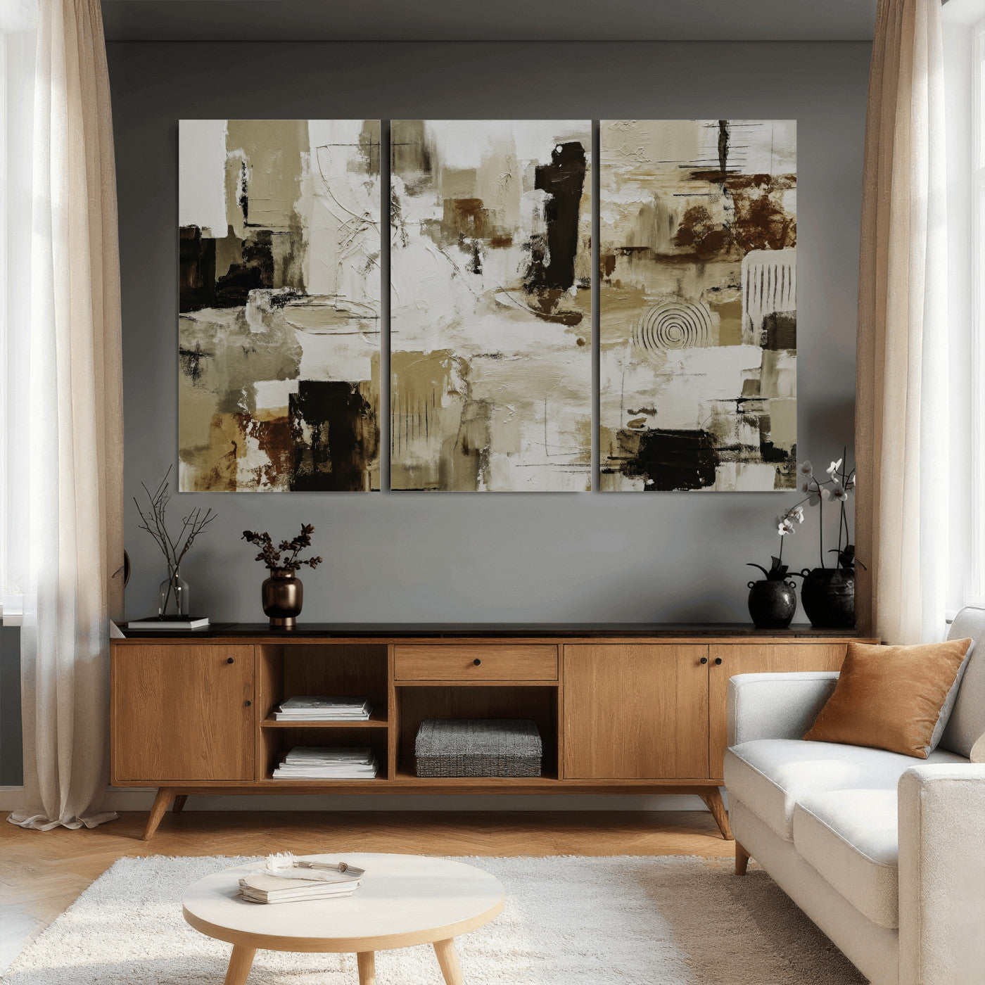 15668286-MGV-CV-36X24 - Blue Teal Abstract Canvas Wall Art, Modern Textured Painting Print, Navy Orange White Contemporary Art, Neutral Living Room Decor, Office Art