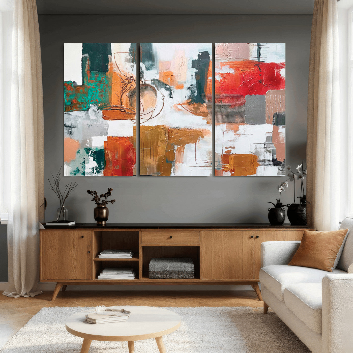 50720312-MGV-CV-36X24 - Blue Teal Abstract Canvas Wall Art | Modern Textured Painting Print, Navy Orange White Contemporary Art, Neutral Living Room Decor, Office Art.