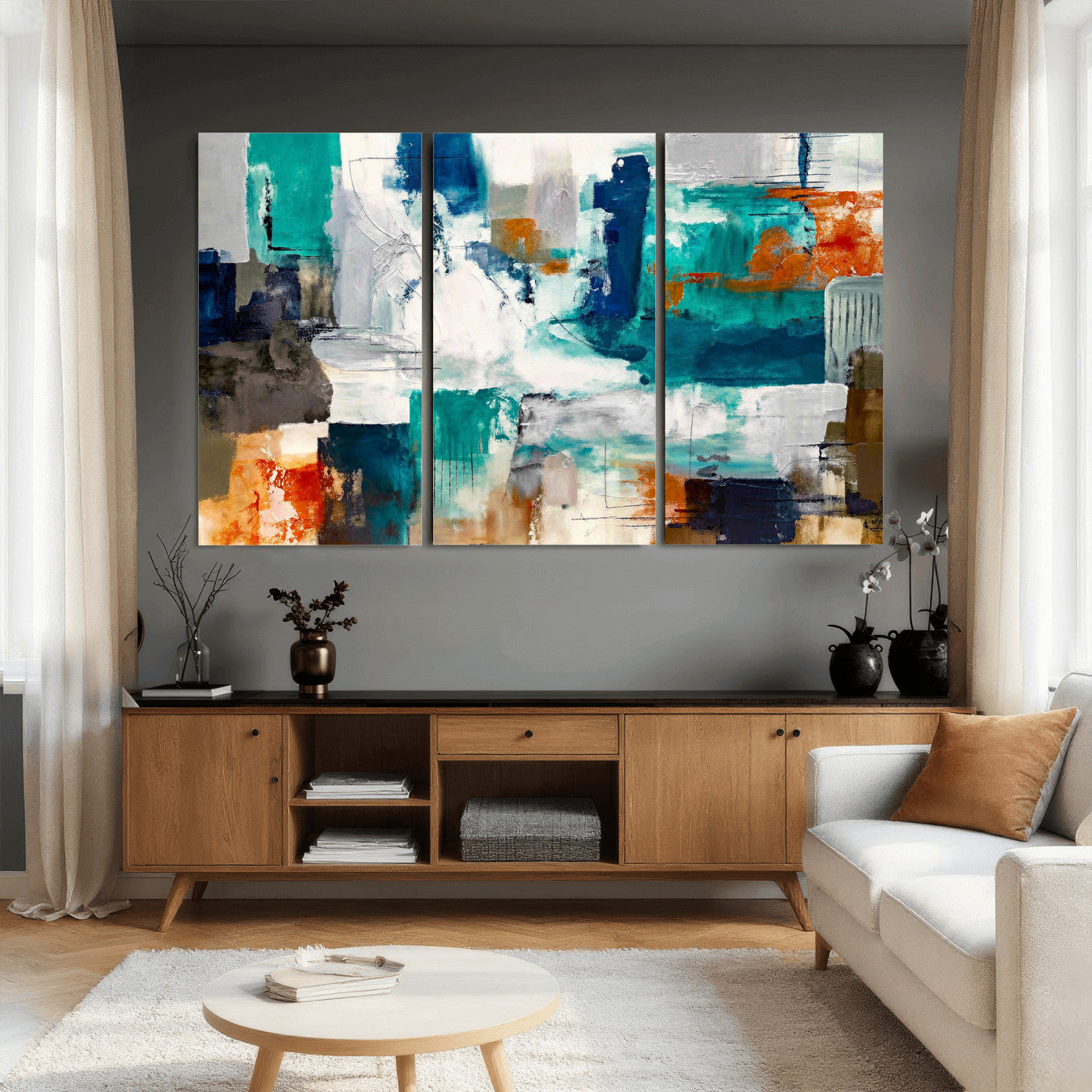 44038089-MGV-CV-36X24 - Blue Teal Abstract Canvas Wall Art, Modern Textured Painting Print, Navy Orange White Contemporary Art, Neutral Living Room Decor, Office Art