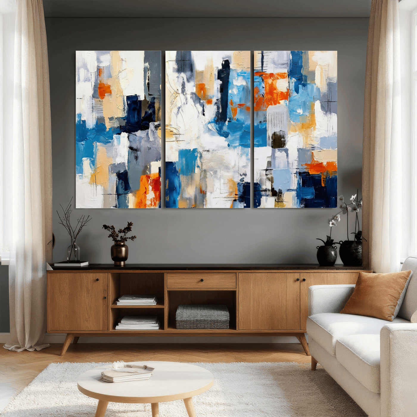 83915061-MGV-CV-36X24 - Blue Teal Abstract Canvas Wall Art, Modern Textured Painting Print, Navy Orange White Contemporary Art, Neutral Living Room Decor, Office Art