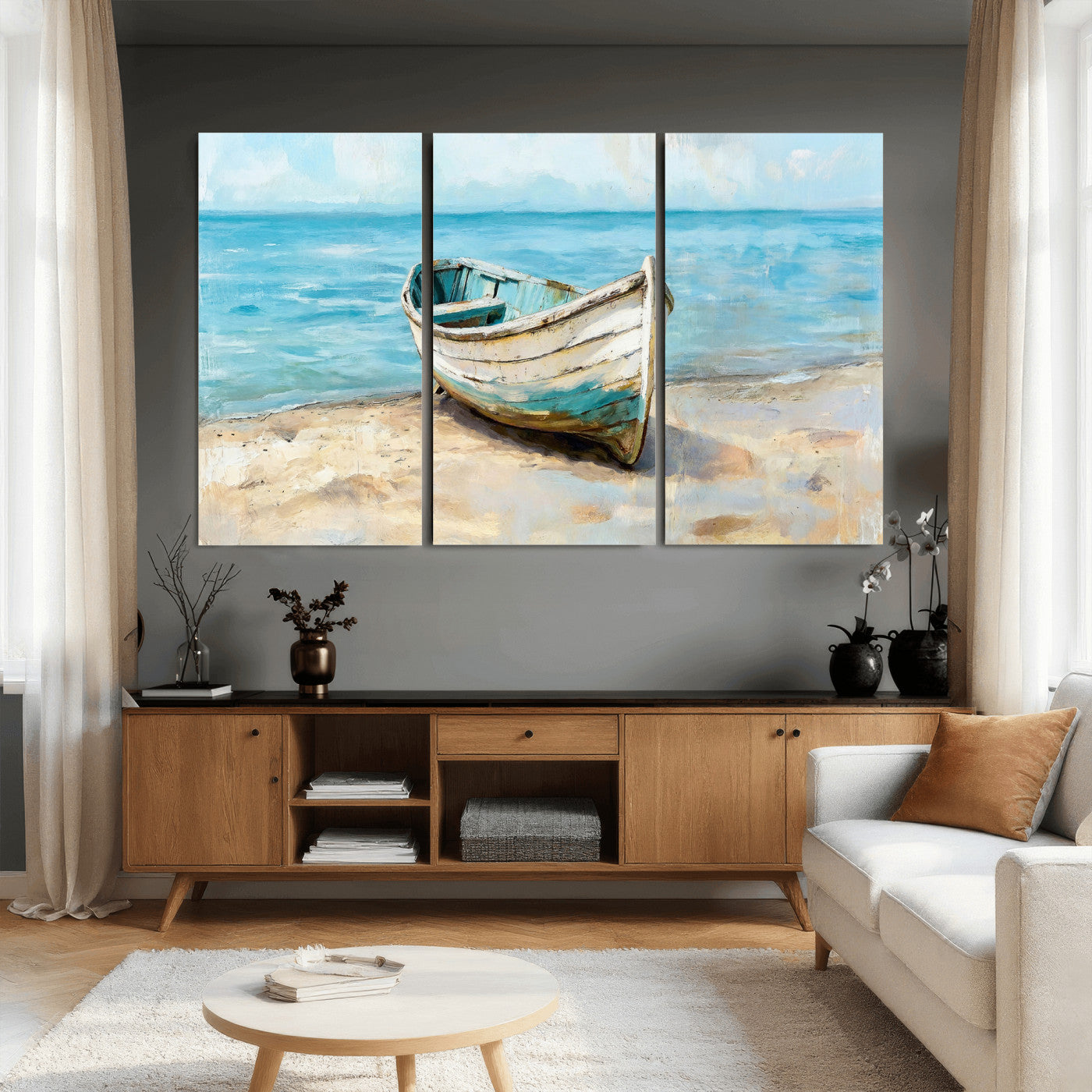 14780565-MGV-CV-36X24 - Coastal Boat Canvas Wall Art Print, Beach Boat Painting, Nautical Ocean Decor, Seascape Wall Art, Ready to Hang