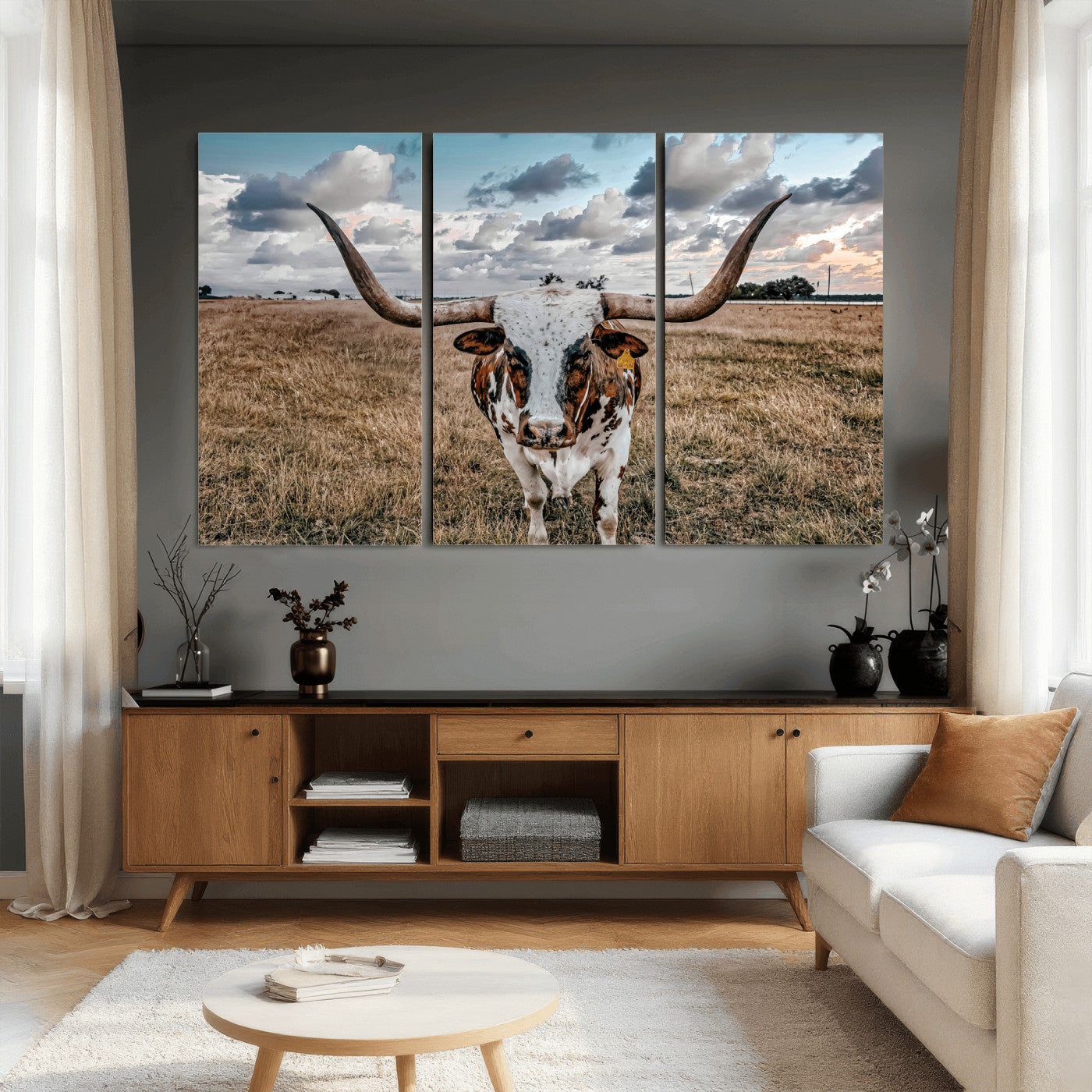 17464823-MGV-CV-36X24 - Texas Longhorn Canvas Wall Art Print - Western Cow Photography, Rustic Ranch Decor, Farmhouse Wall Art, Ready to Hang