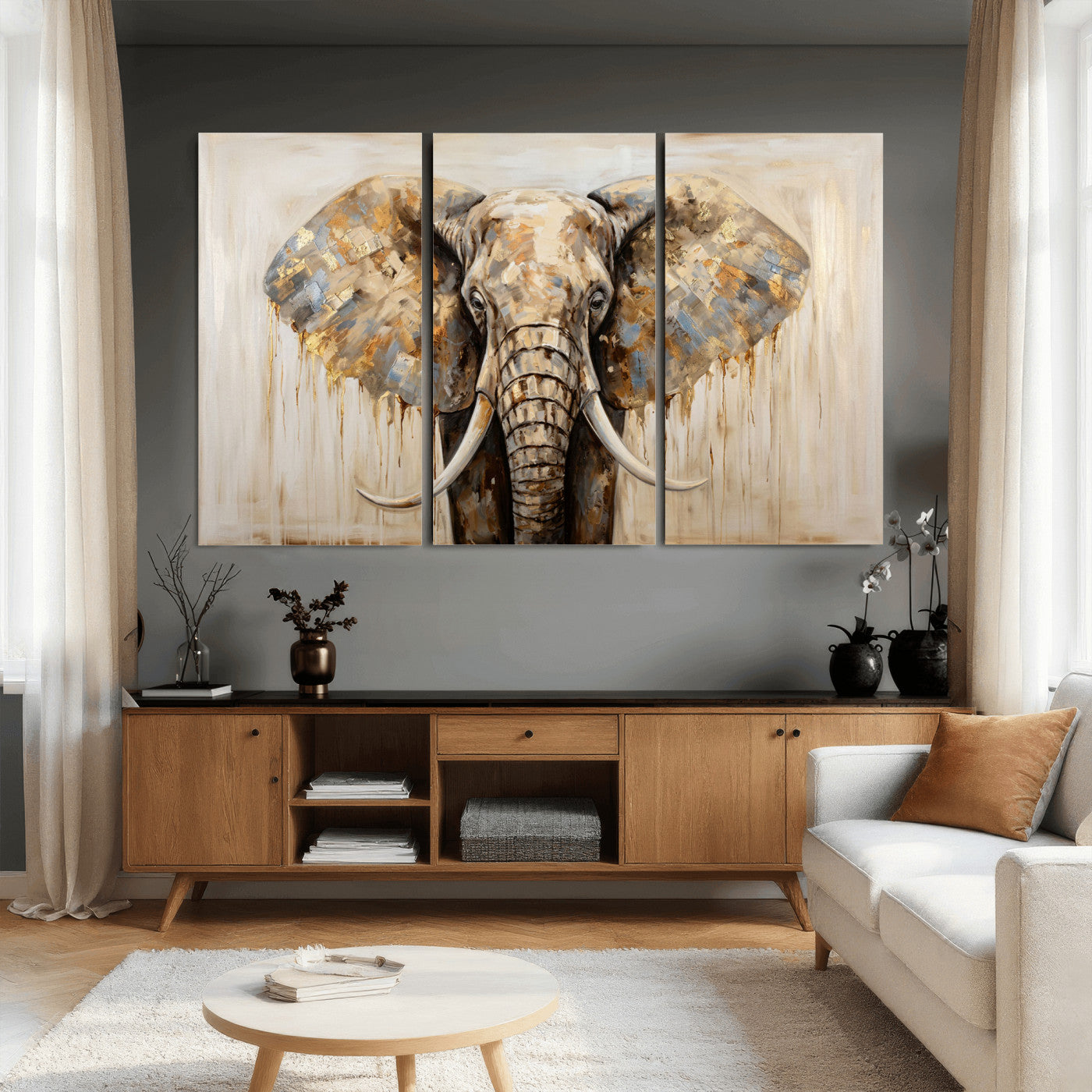 95819221-MGV-CV-36X24 - Gold Leaf Elephant Canvas Wall Art Abstract African Wildlife Painting Print
